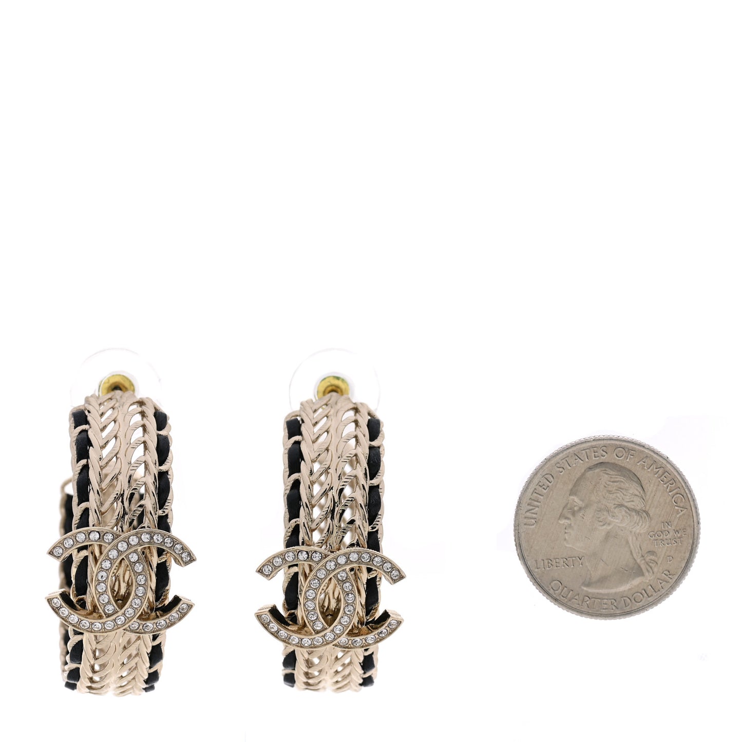 Crystal Lambskin CC Double Chain Hoop Earrings Gold Black