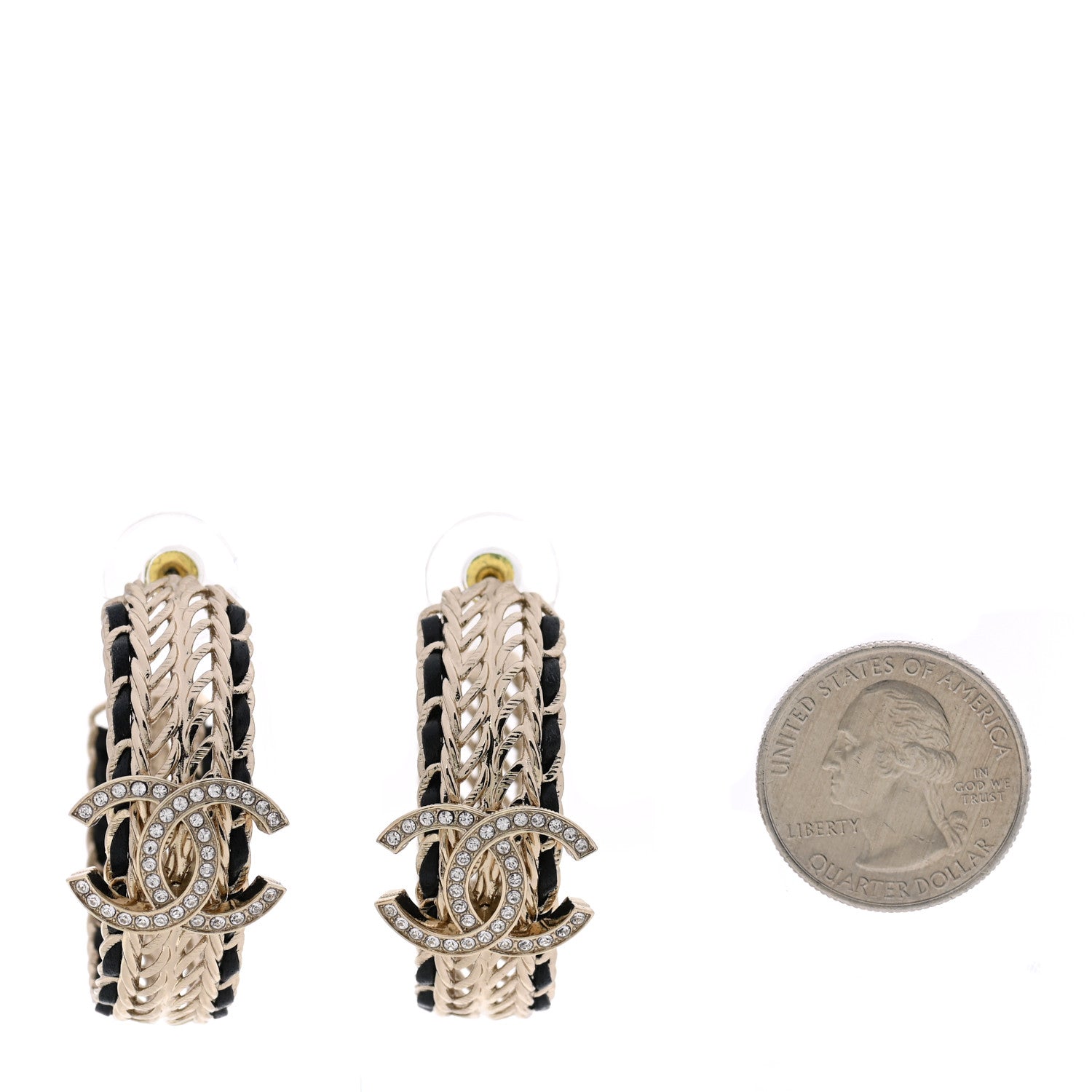 Chanel Crystal Lambskin CC Double Chain Hoop Earrings Gold Black 2 of 5