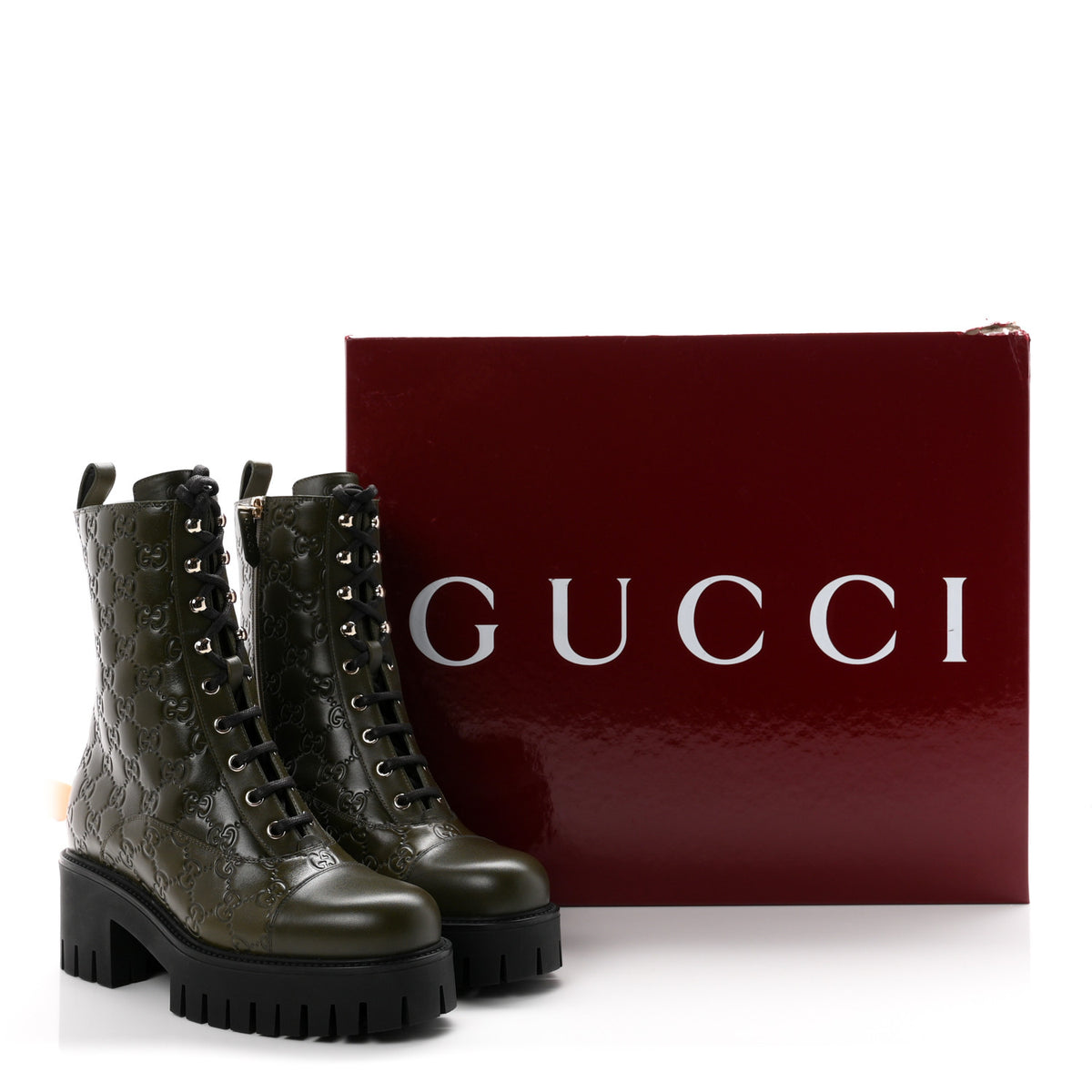 Guccissima Calfskin Lace Up Ankle Boots 38.5 Luscious Green