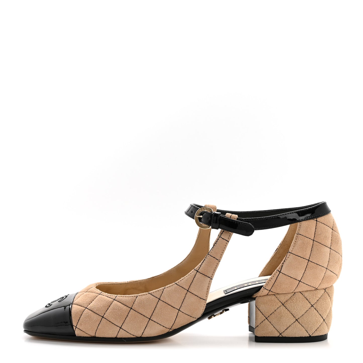 Suede Kidskin Patent Cap Toe Quilted Mary Jane Flats 41 Beige Black