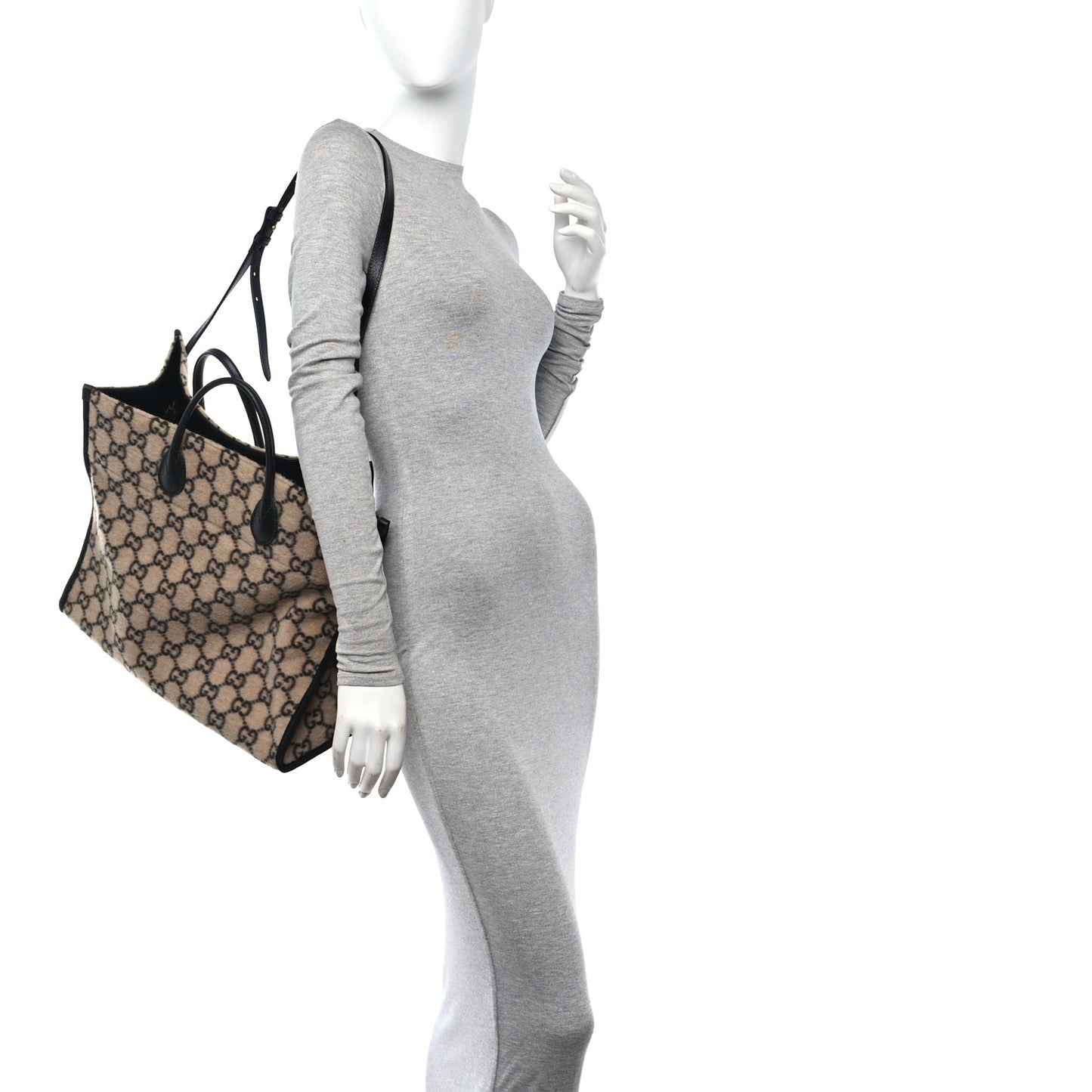 Covered Wool GG Monogram Large Tote Bag Beige Ebony