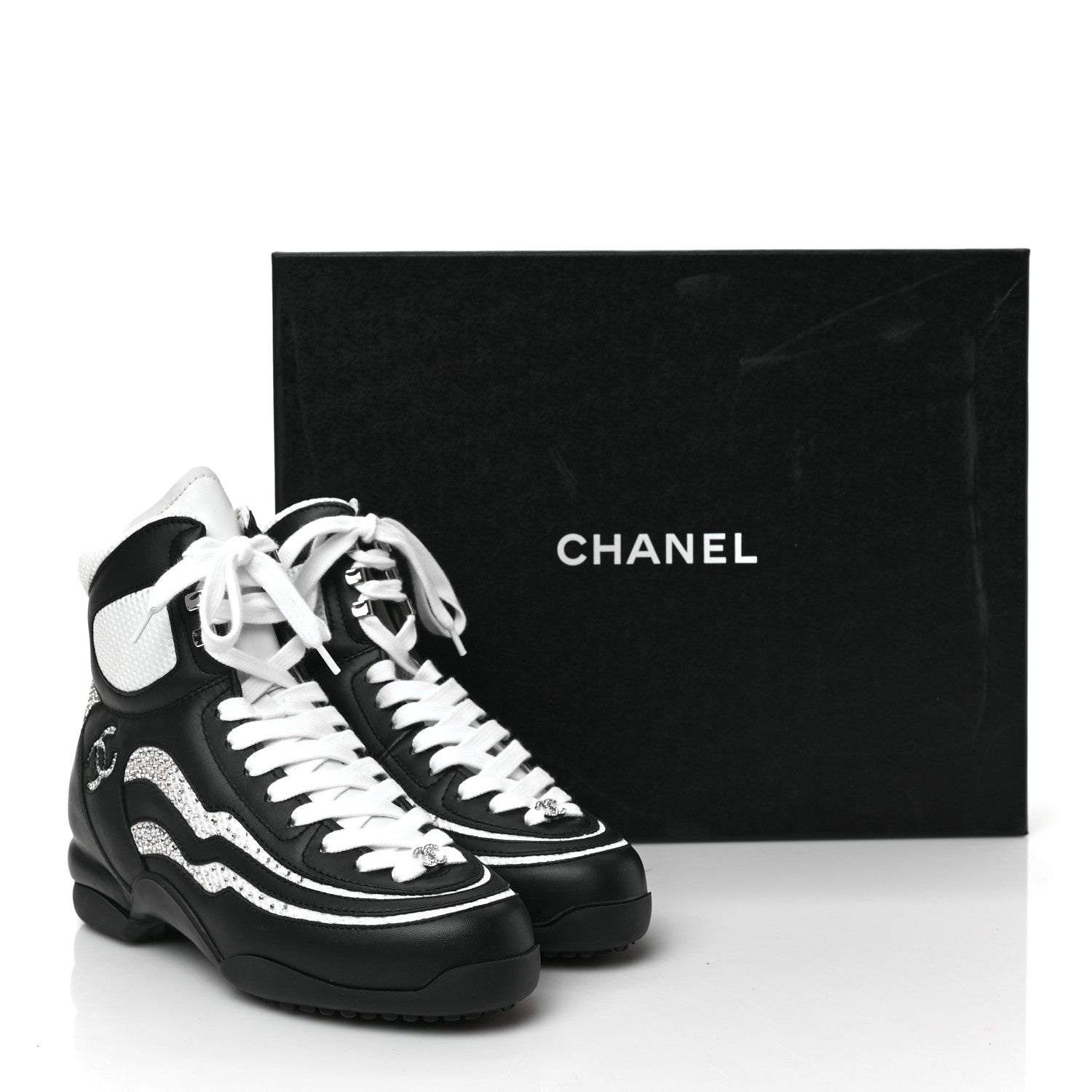 Chanel Fabric Calfskin Strass Womens CC Sneakers 38 Black White Silver 9 of 9