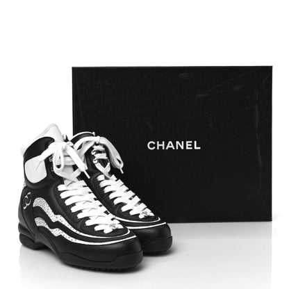 Chanel Fabric Calfskin Strass Womens CC Sneakers 38 Black White Silver 9 of 9