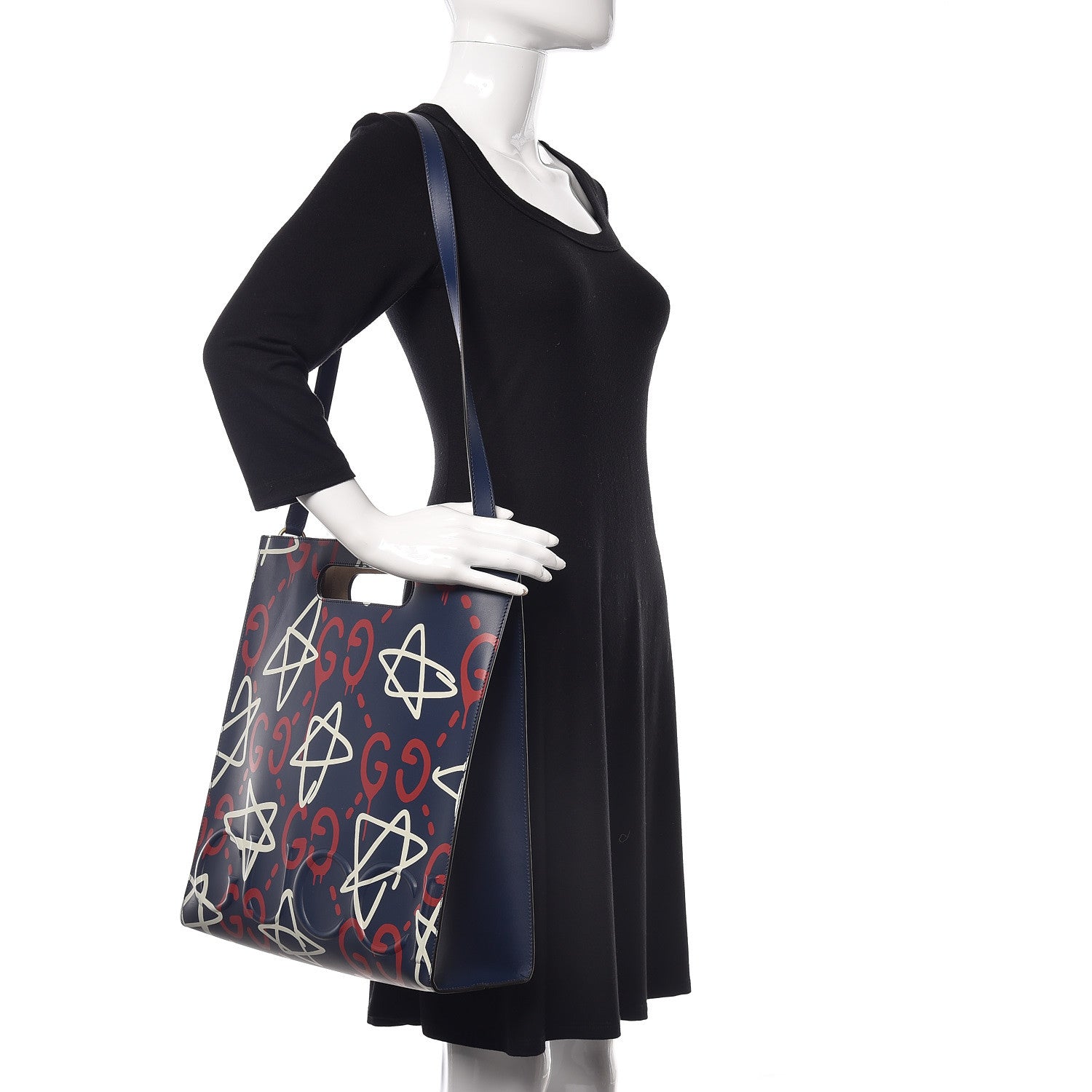 Gucci Calfskin GucciGhost Medium XL Tote Blue Agata Hibiscus Red 2 of 9