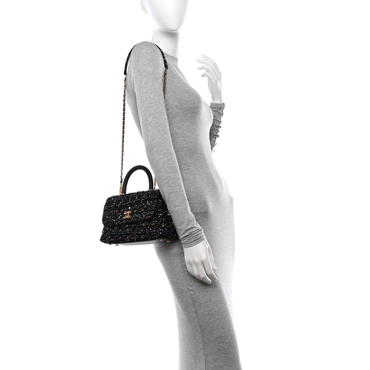 Tweed Sequin Mini Coco Handle Flap Black