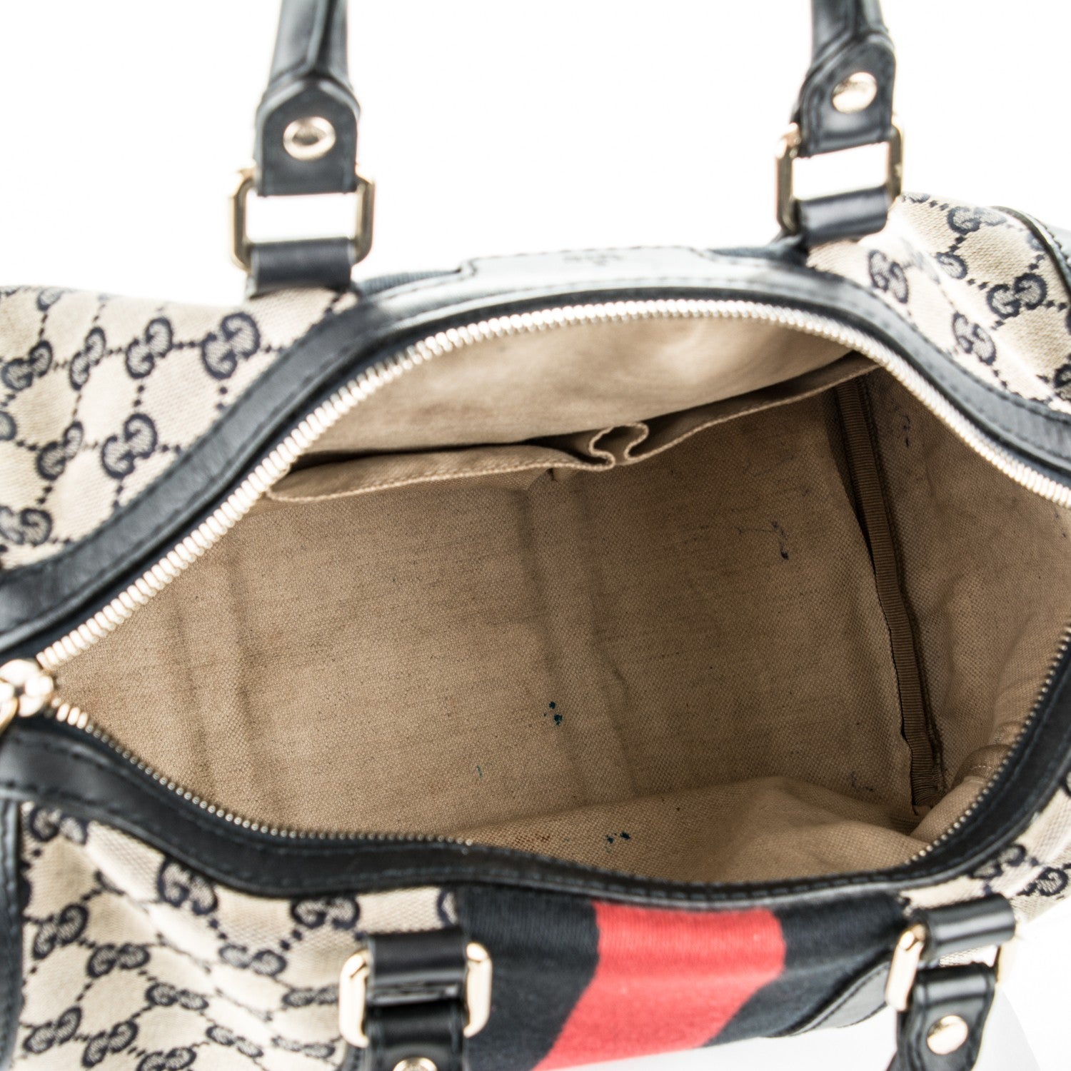 Gucci Monogram Selleria Calfskin Vintage Web Medium Boston Beige Blue 5 of 9