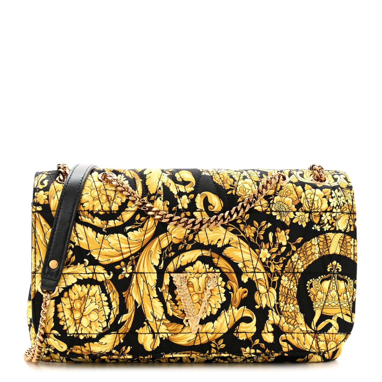 Silk Barocco Printed Quilted Virtus V Chain Flap Shoulder Bag Black Gold