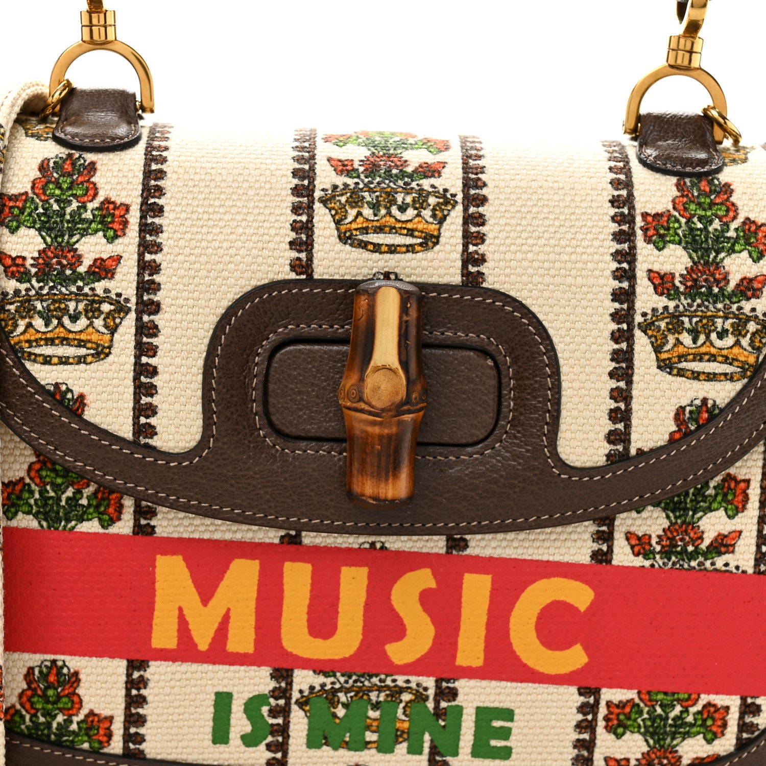 Gucci Canvas Calfskin 100 Centennial Music Medium Bamboo 1947 Top Handle Bag Multicolor 8 of 12