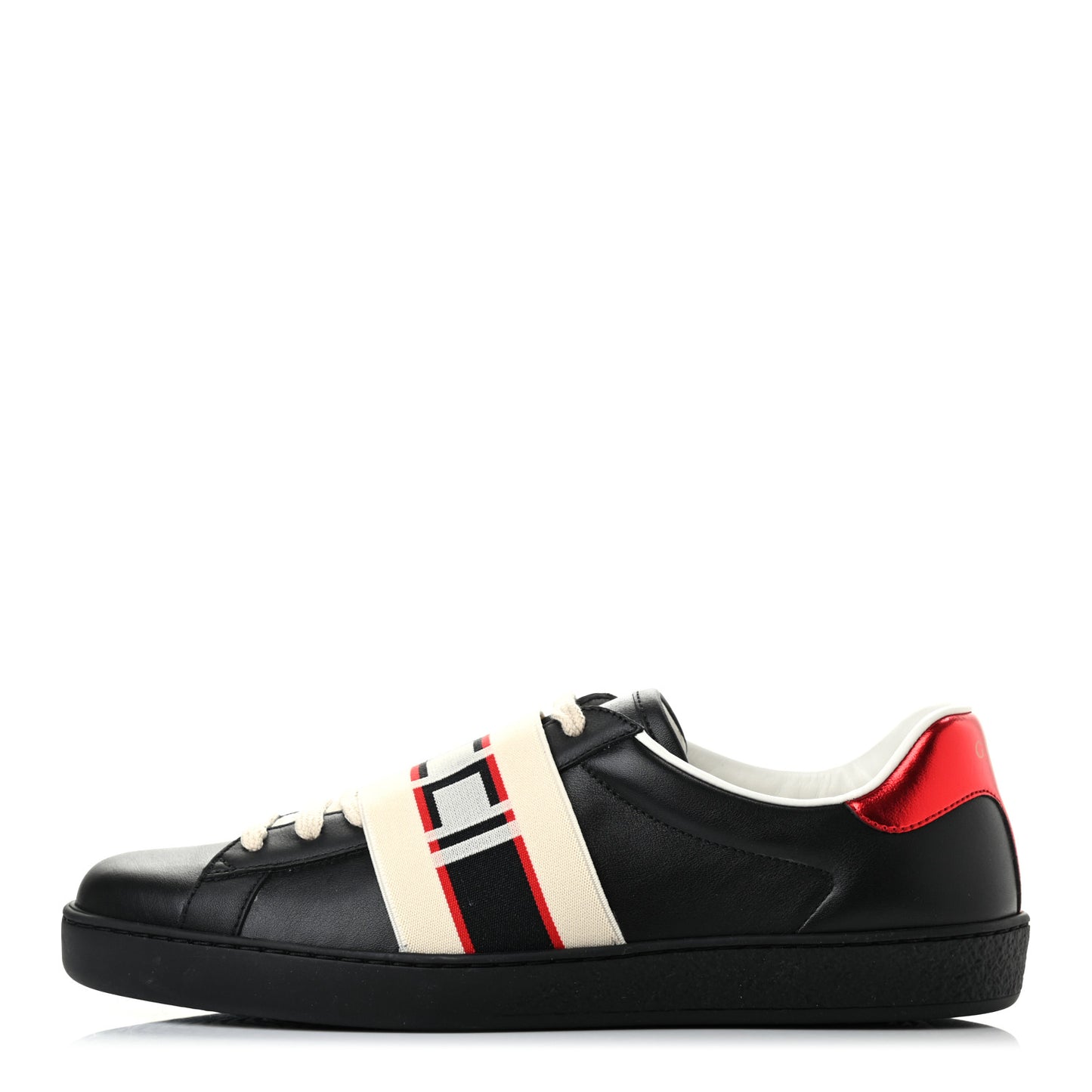 Calfskin Stripe Mens New Ace Sneakers 7 Black Ecru Red Flame