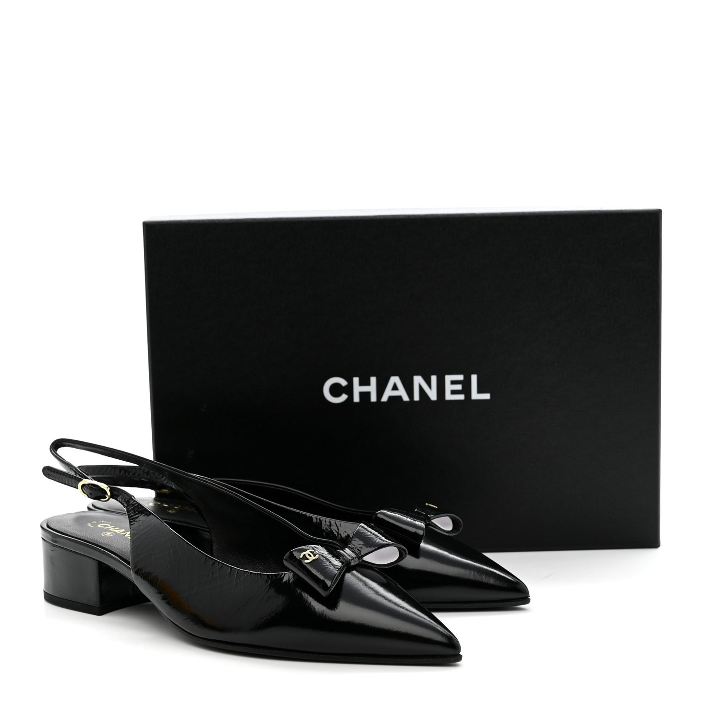 Crumpled Patent Calfskin CC Bow Slingback Pumps 38.5 Black