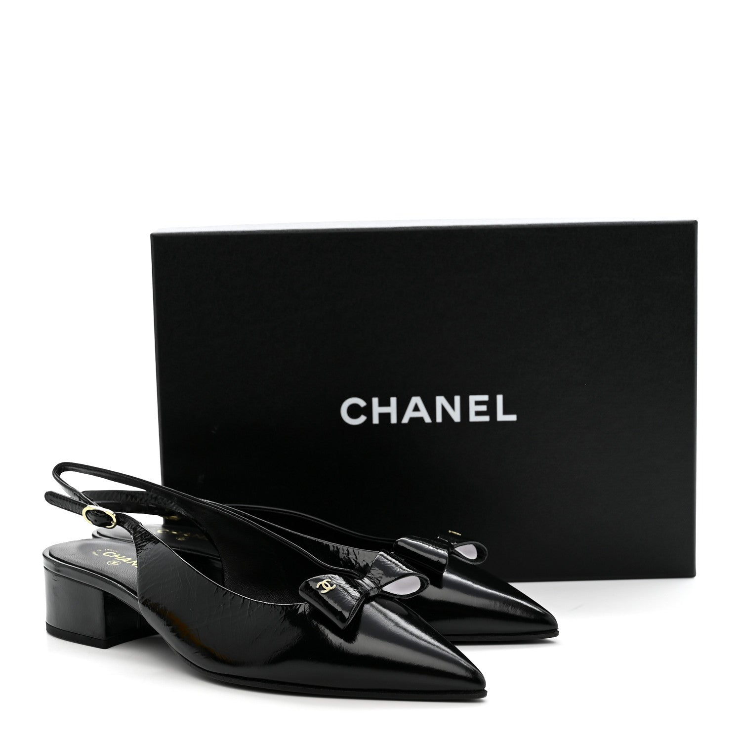 Chanel Crumpled Patent Calfskin CC Bow Slingback Pumps 38.5 Black 11 of 11