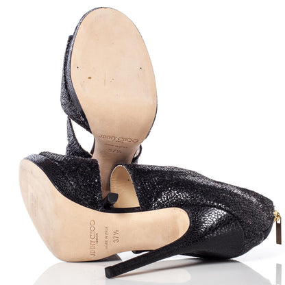 Jimmy Choo Glitter Fabric Private Sandals Heels 37.5 Black 5 of 7