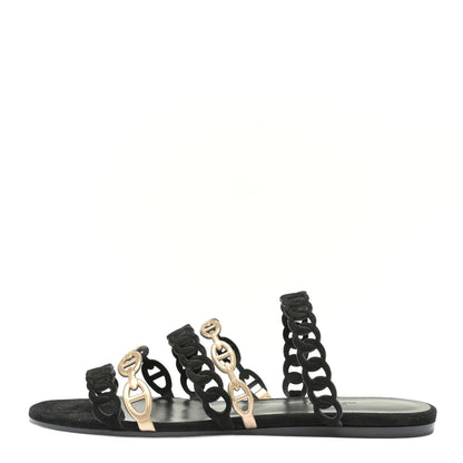 Hermes Metallic Nappa Suede Chaine d'Ancre Nude Sandals 37.5 Black Champagne 1 of 13