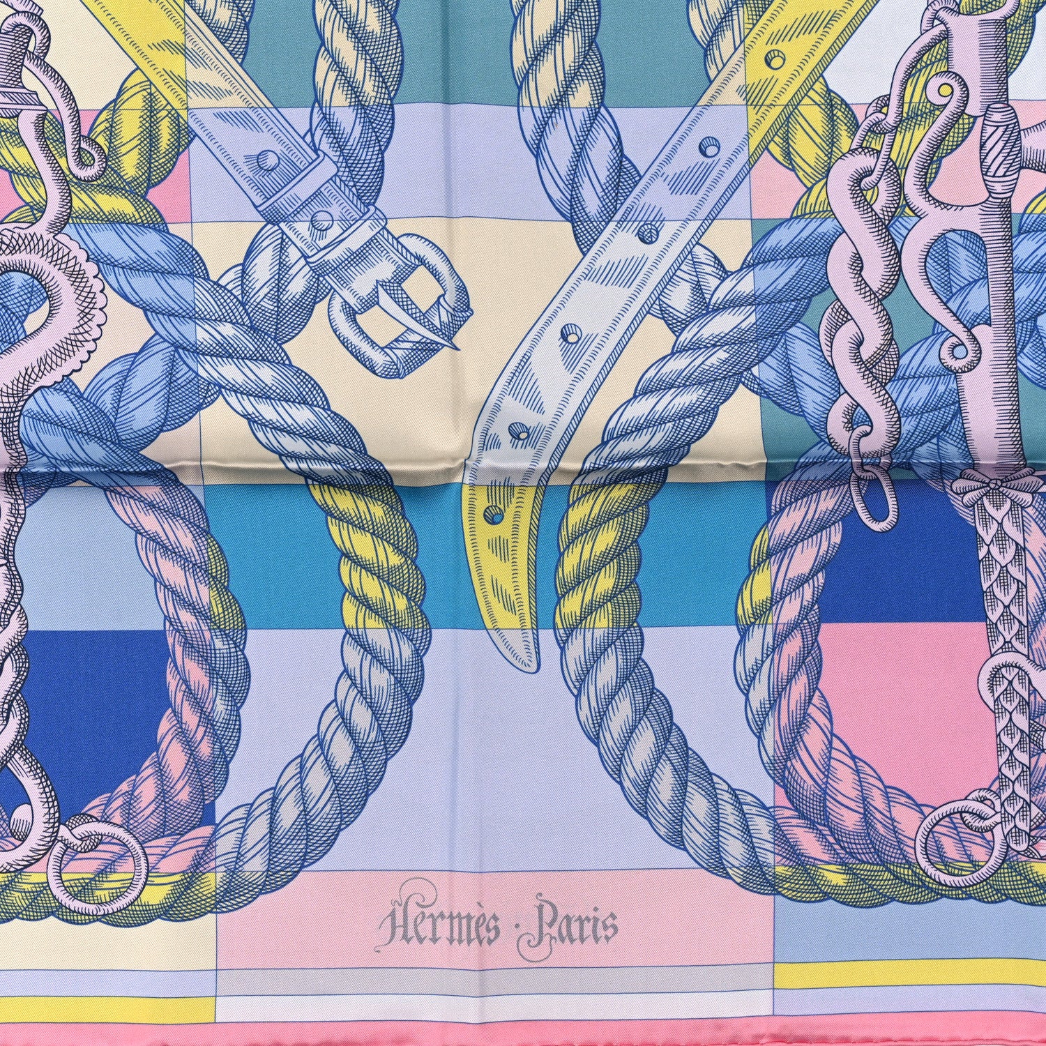 Hermes Silk Double Face Della Cavalleria Fine Scarf 90 Rose Bonbon Bleu Jaune 2 of 4