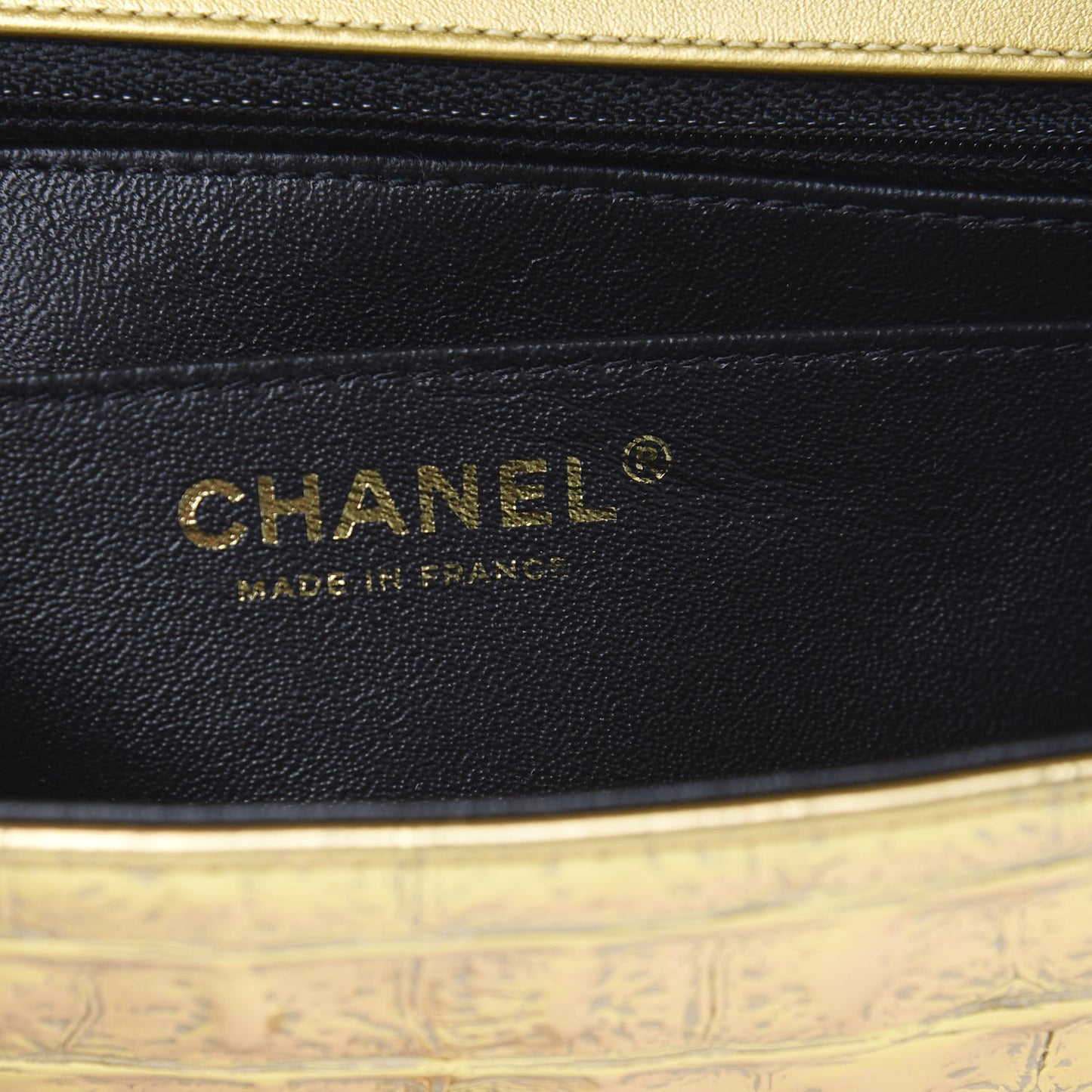 Metallic Calfskin Crocodile Embossed Cocodile Rectangular Mini Flap Gold