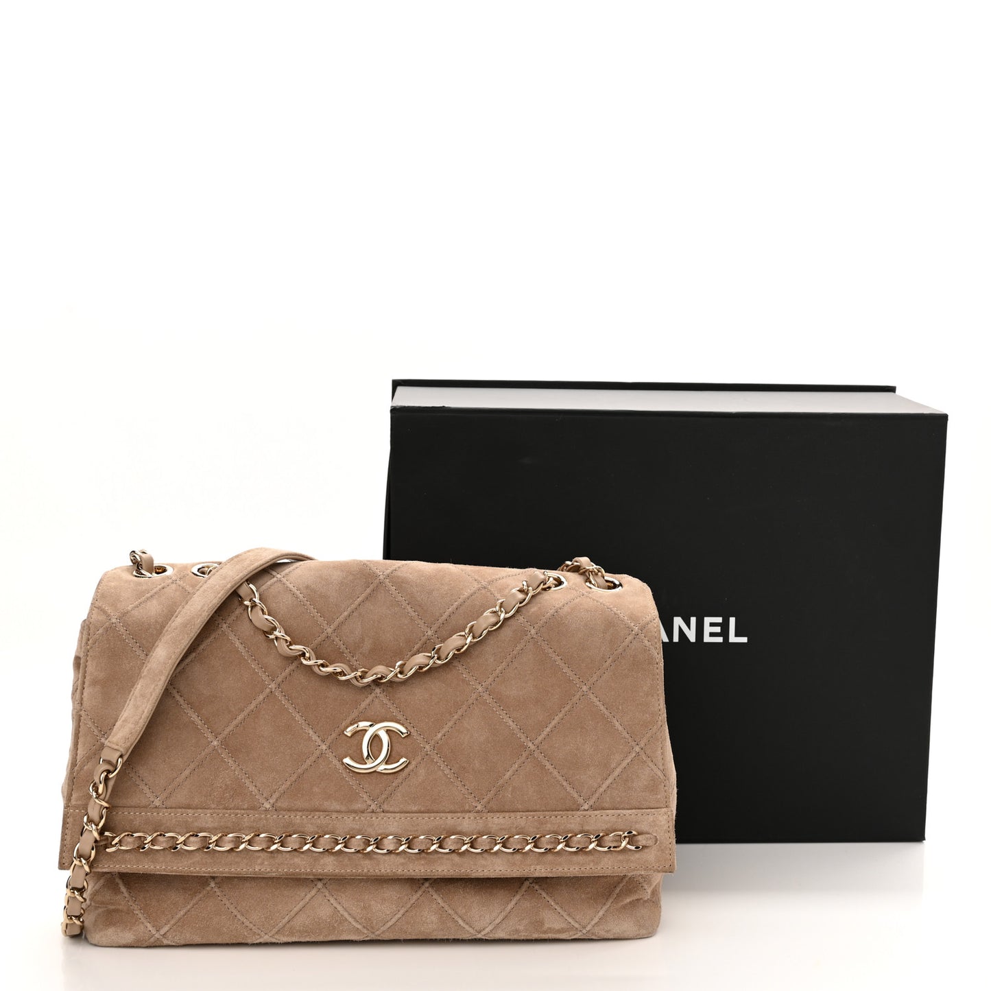 Suede Quilted Stitched Chain Medium Flap Beige