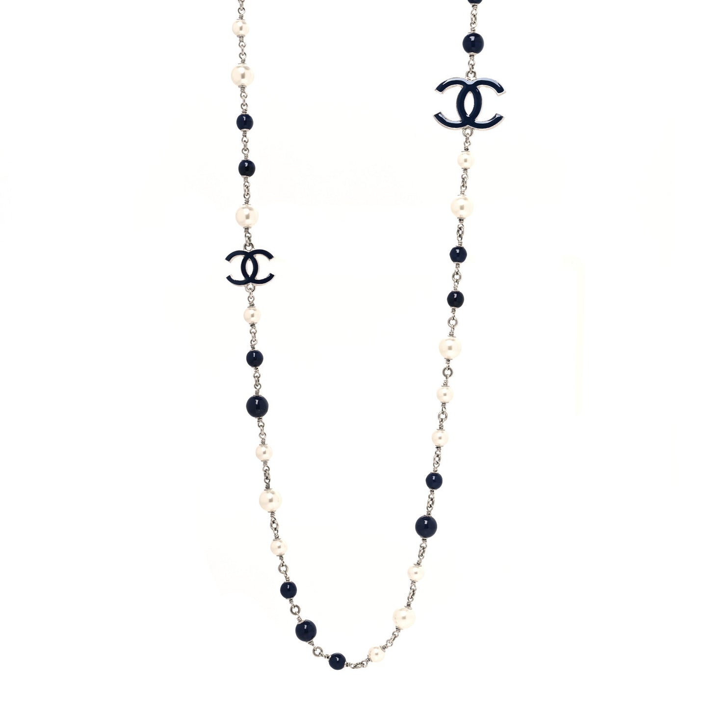 Pearl Beaded Enamel CC Long Necklace Blue Silver