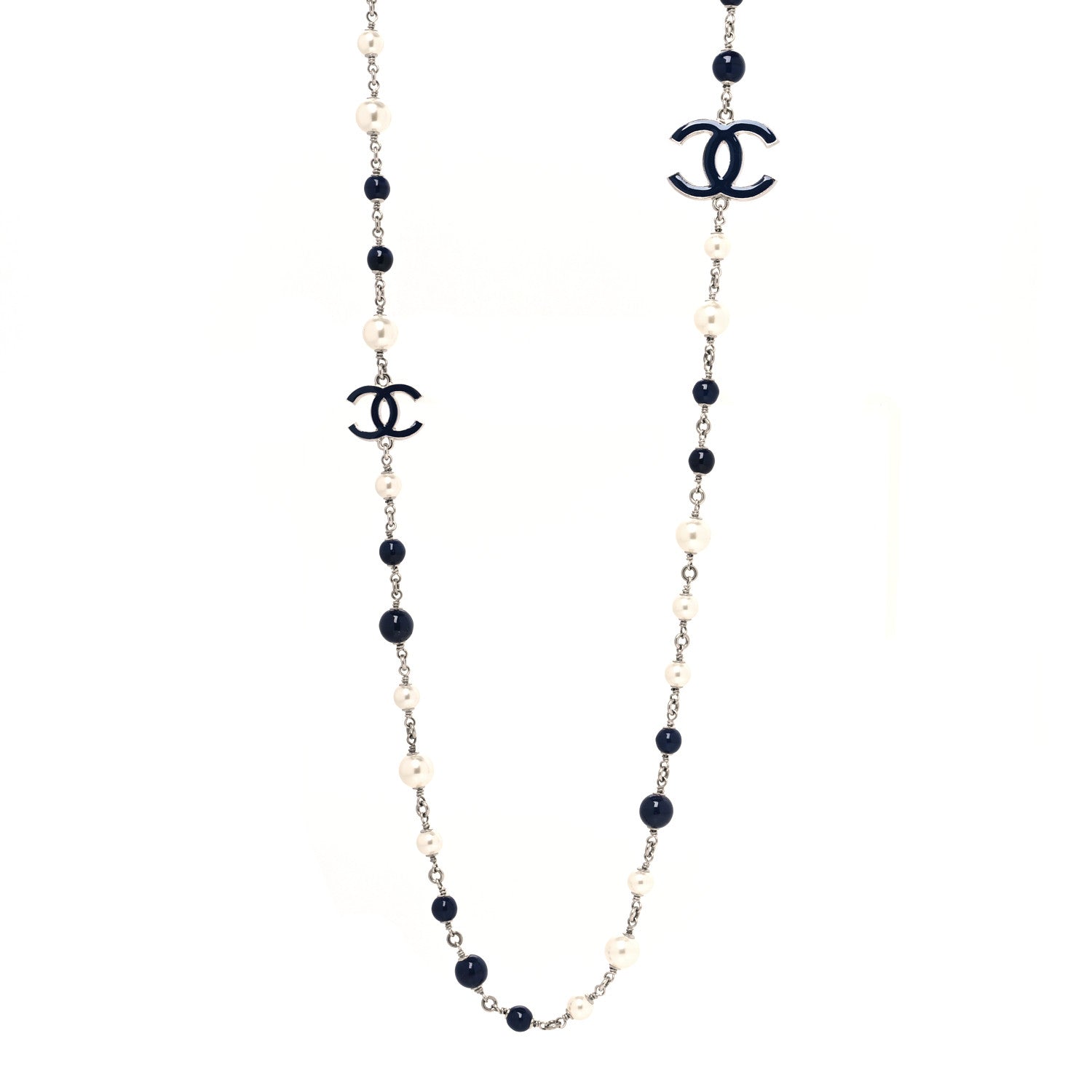 Chanel Pearl Beaded Enamel CC Long Necklace Blue Silver 1 of 3