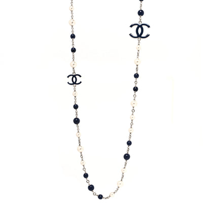 Chanel Pearl Beaded Enamel CC Long Necklace Blue Silver 1 of 3