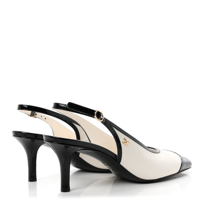 Chanel Lambskin Patent Calfskin Cap Toe CC Slingback Pumps 40 White Black 5 of 10
