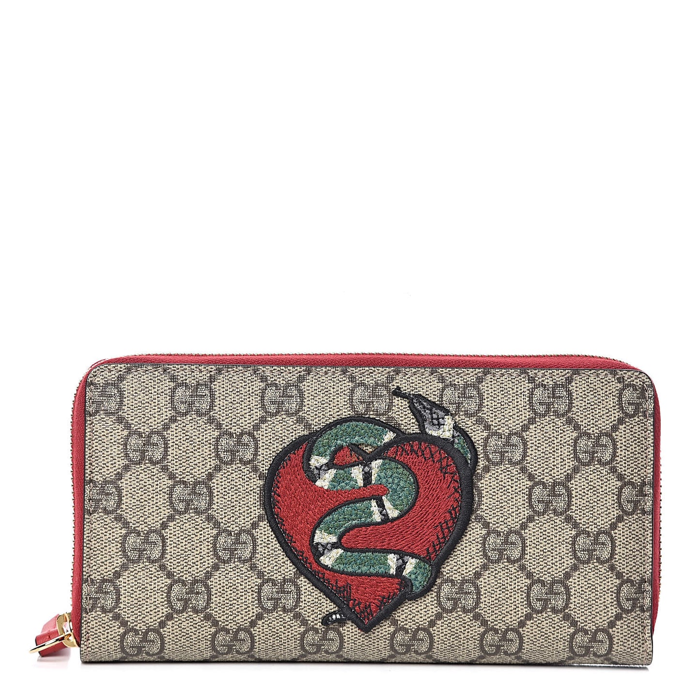 GG Supreme Monogram Kingsnake Heart Embroidered Zip Around Wallet Red