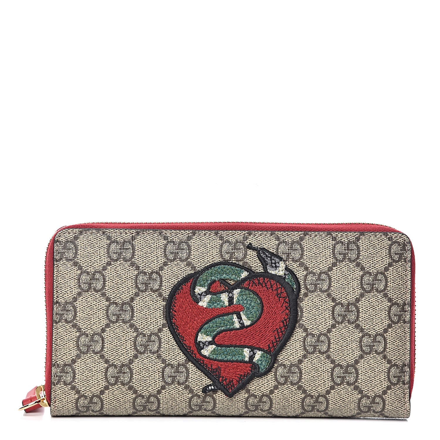 Gucci GG Supreme Monogram Kingsnake Heart Embroidered Zip Around Wallet Red 1 of 9