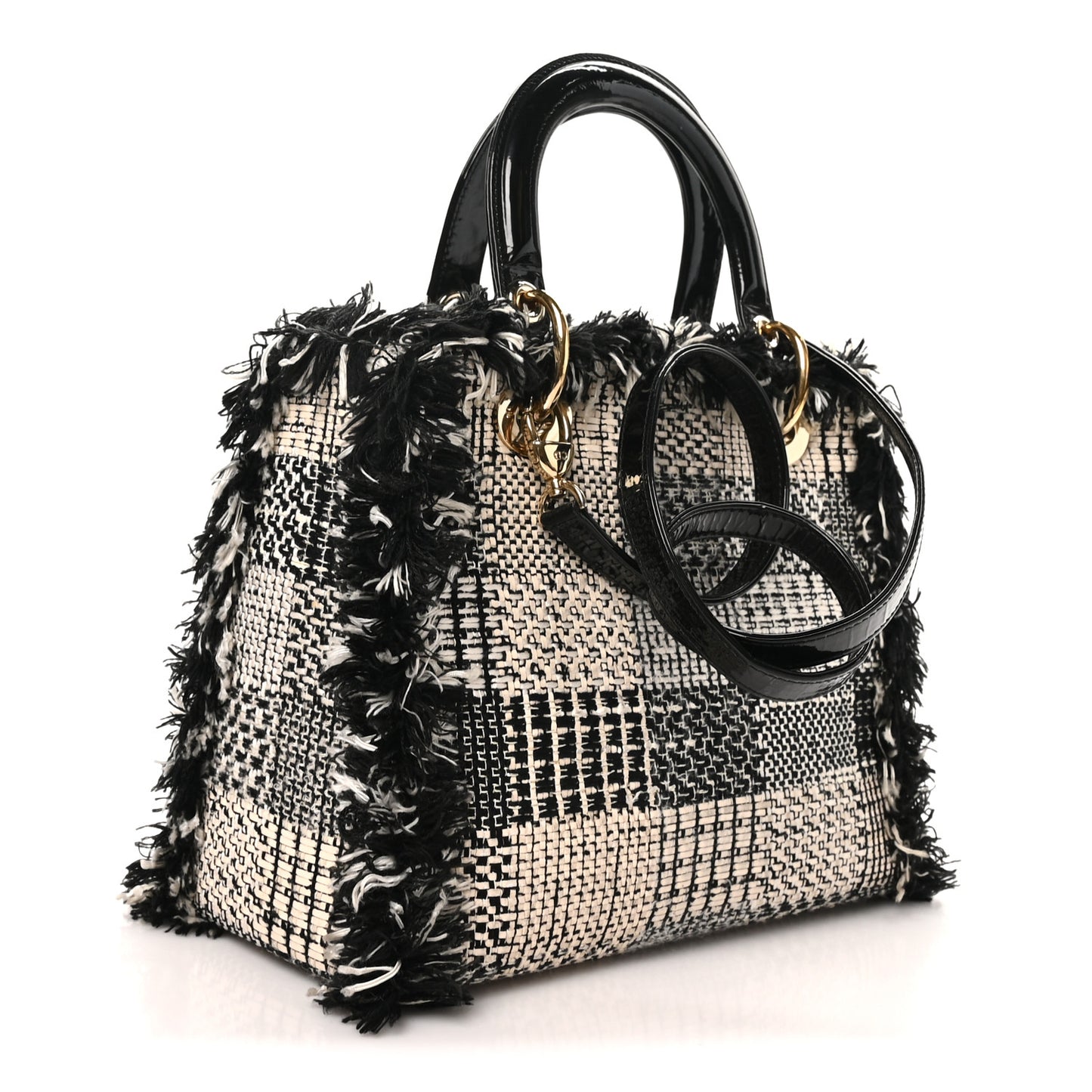Tweed Fringe Medium Lady Dior White Black