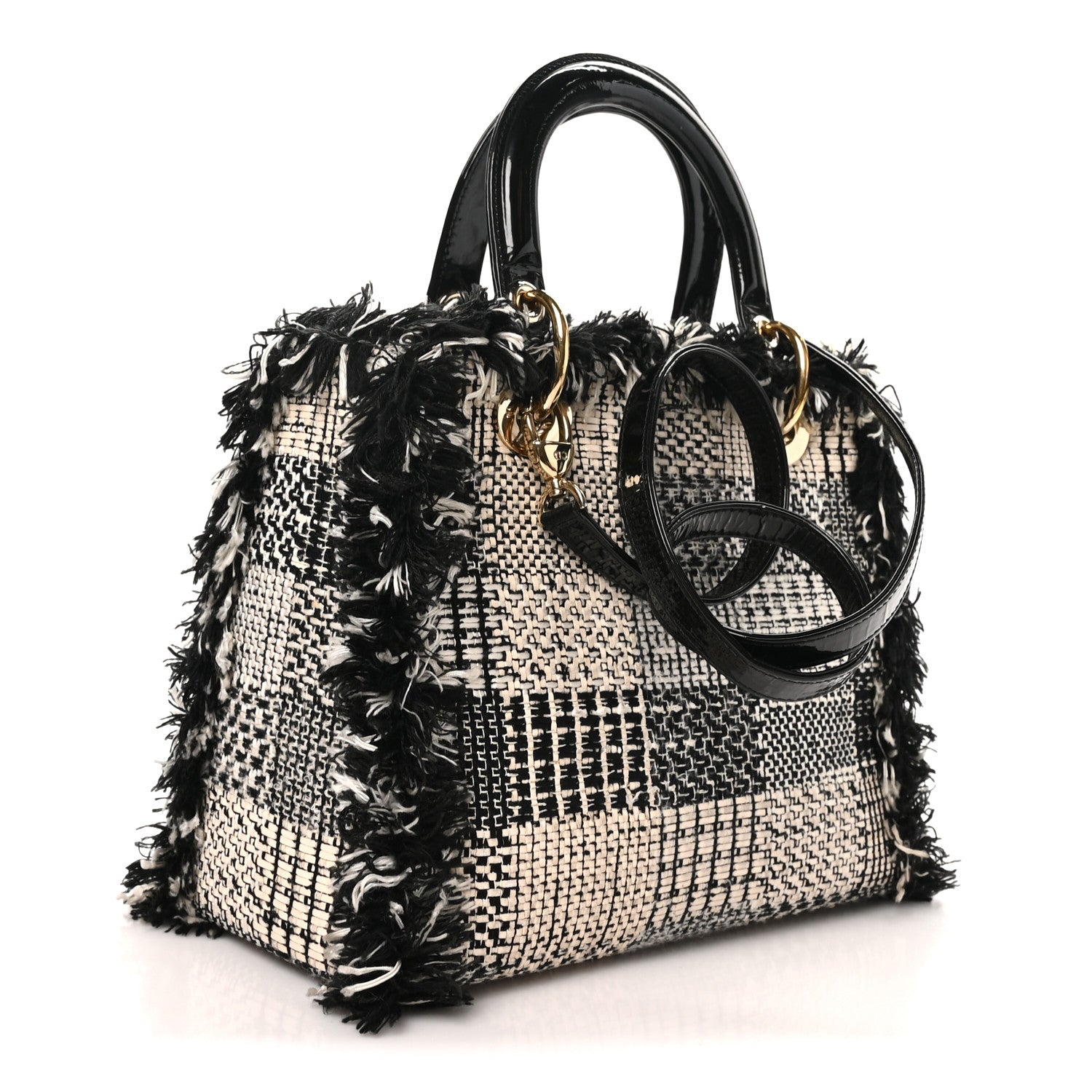 Christian Dior Tweed Fringe Medium Lady Dior White Black 3 of 10