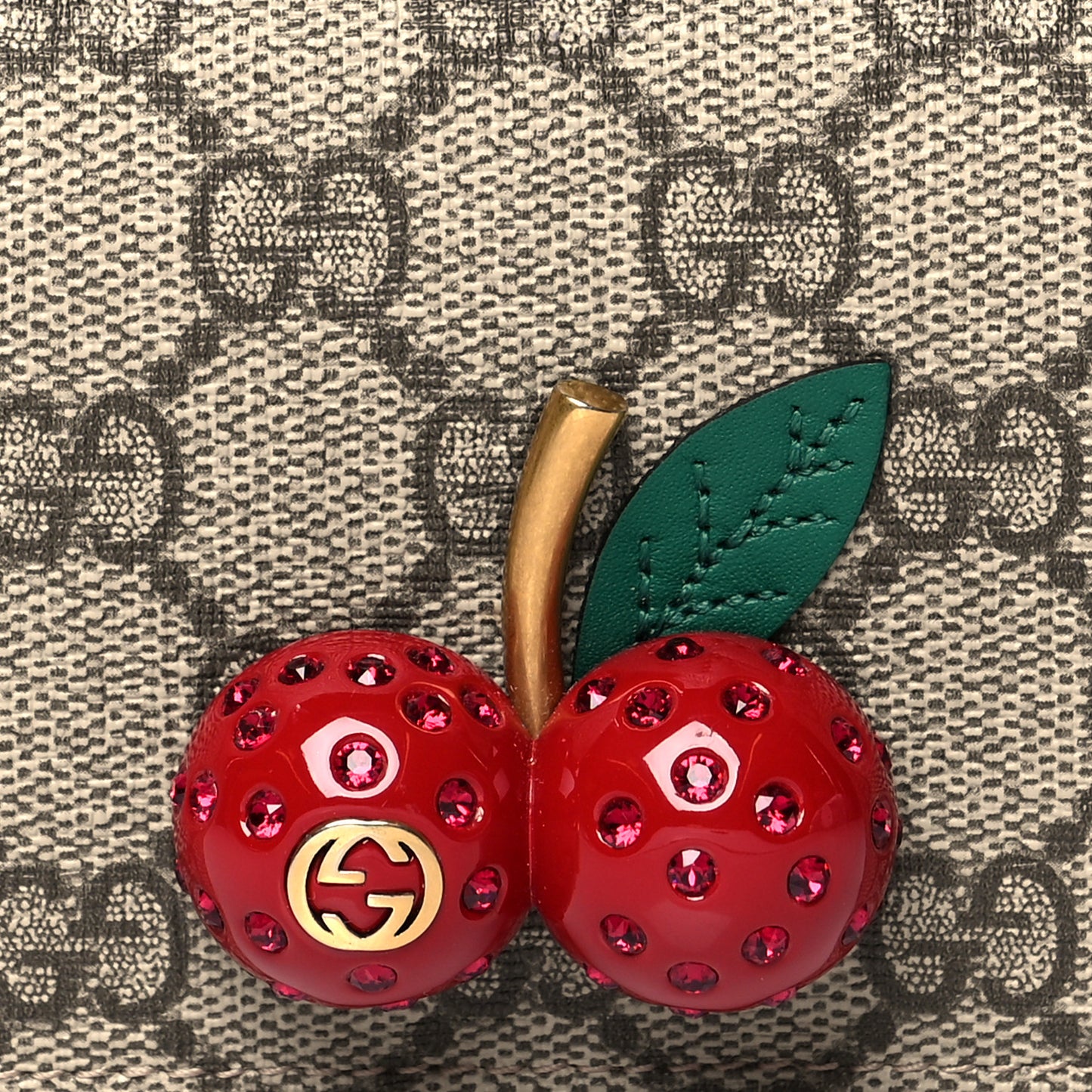 GG Supreme Monogram Cherry Embellished Card Case Wallet Hibiscus Red