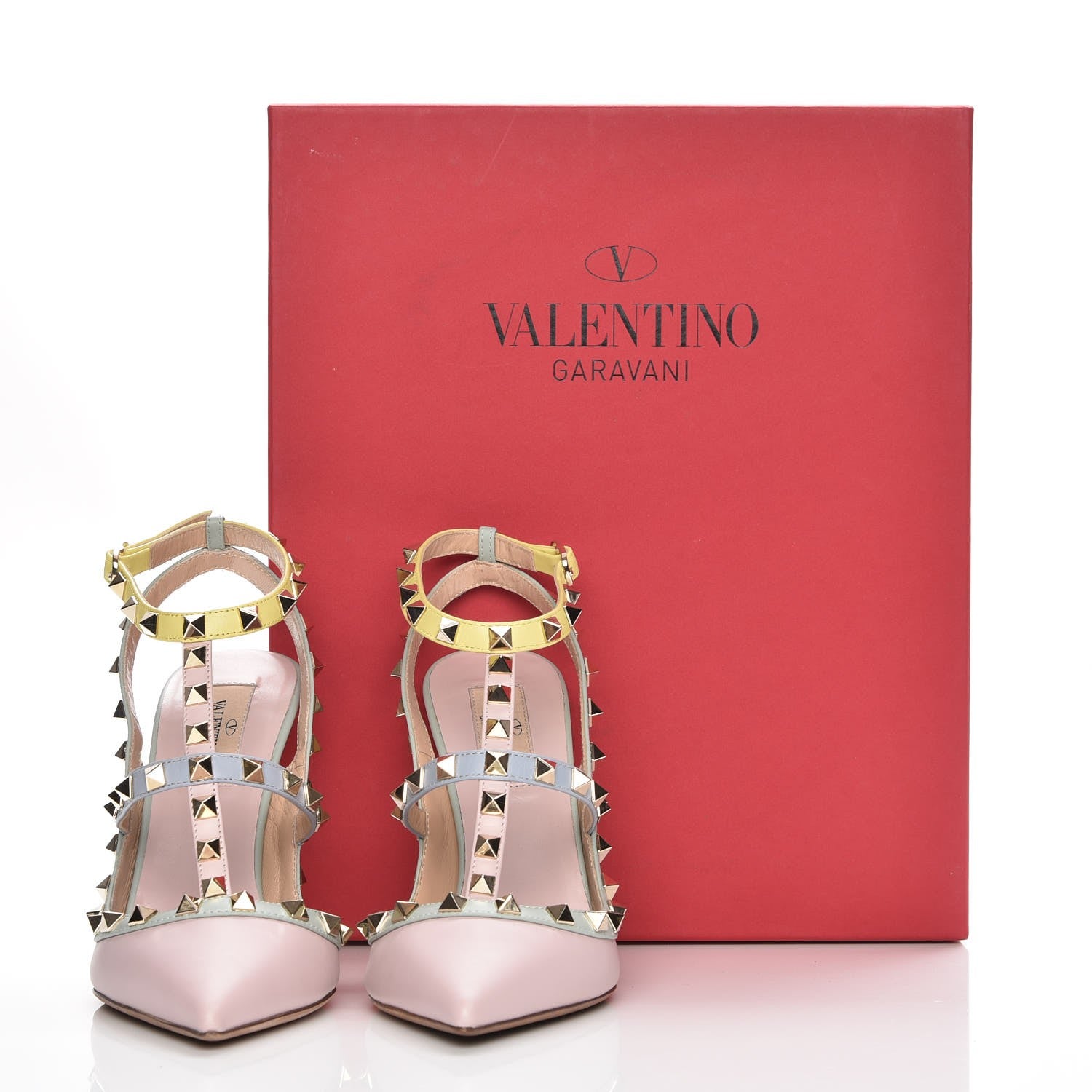 Valentino Garavani Nappa Watercolor Rockstud Ankle Strap 100mm Pumps 38 Rose Green Yellow Sky 9 of 9