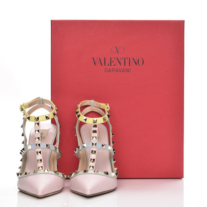 Valentino Garavani Nappa Watercolor Rockstud Ankle Strap 100mm Pumps 38 Rose Green Yellow Sky 9 of 9