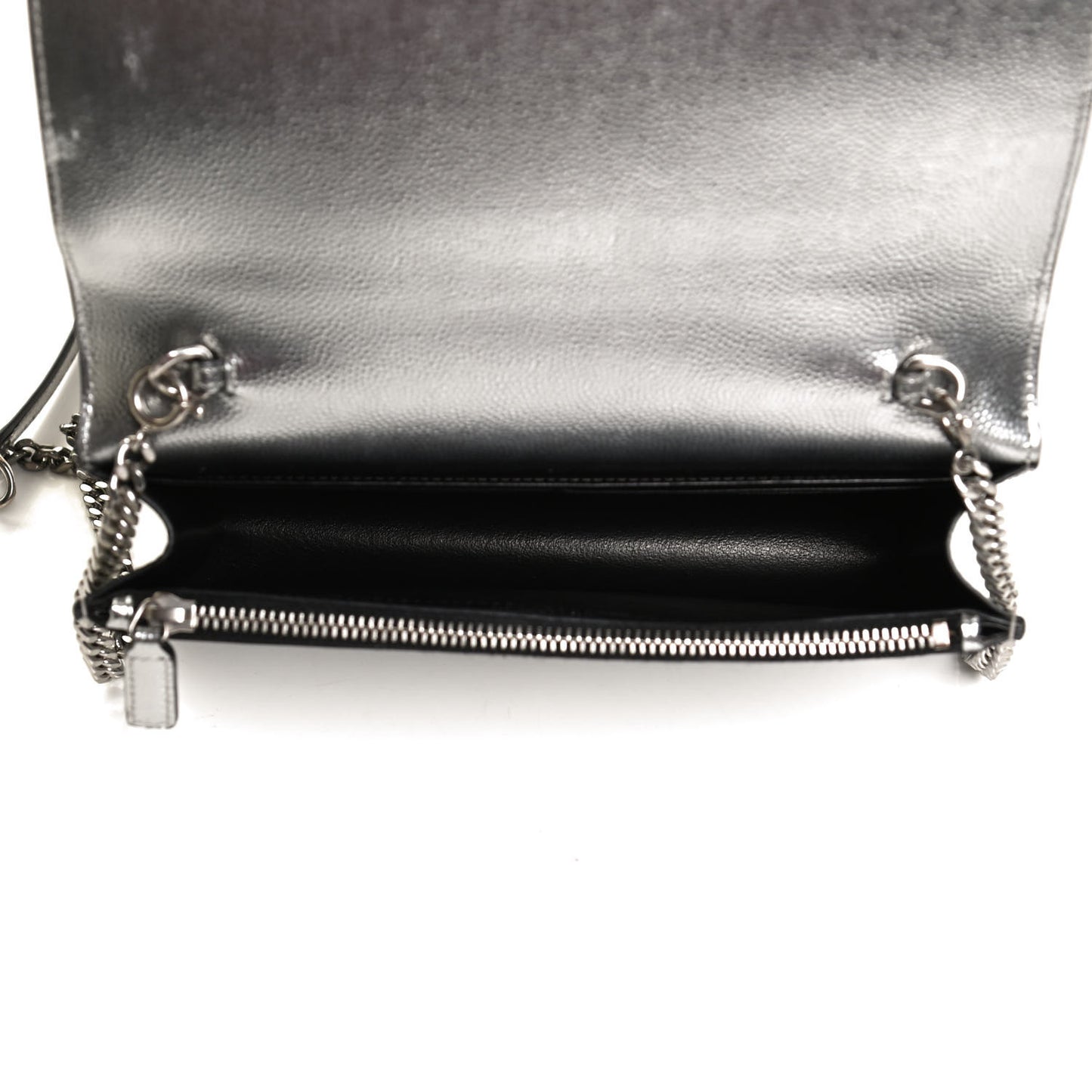 Metallic Grain De Poudre Kate Monogram Tassel Chain Wallet Silver