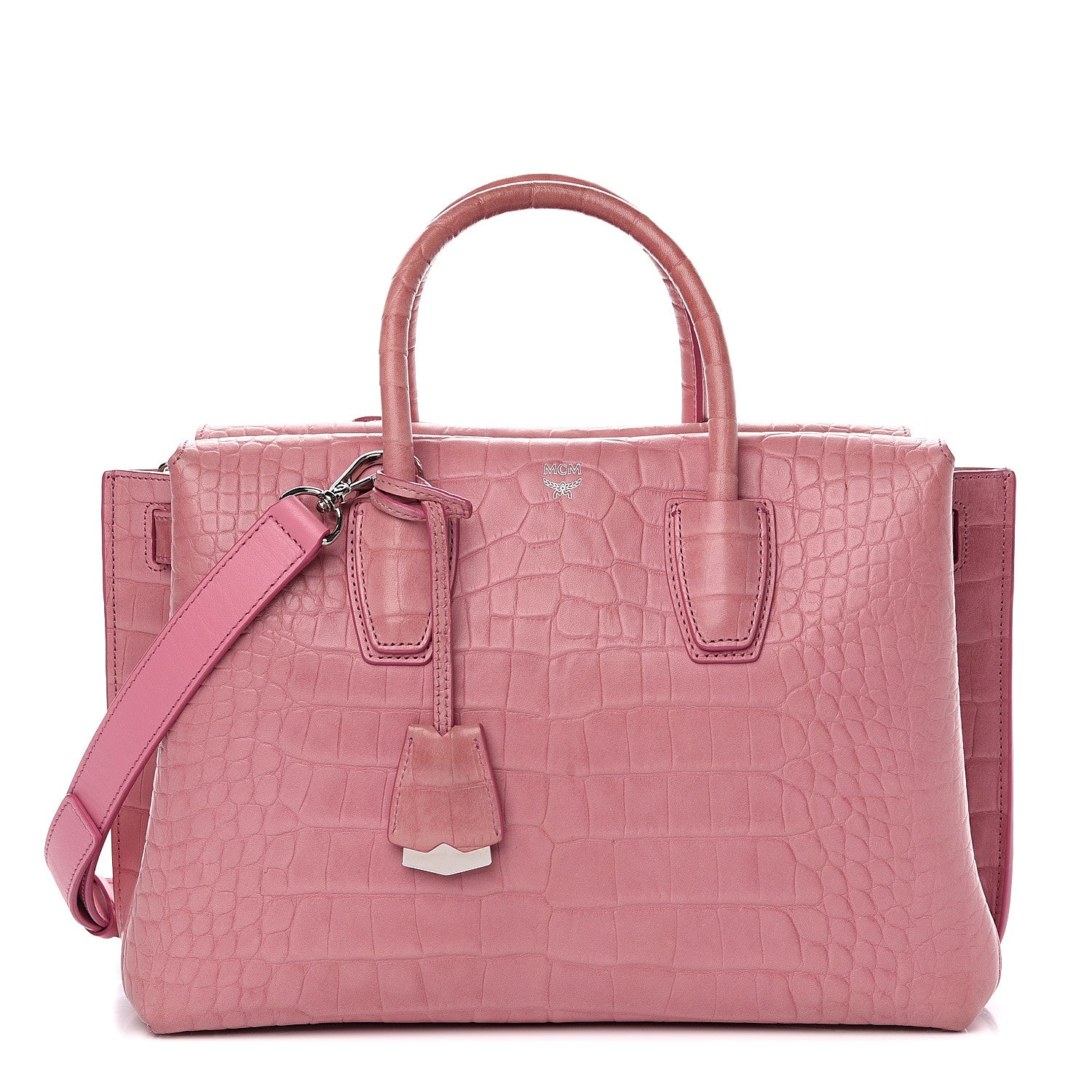MCM Calfskin Crocodile Embossed Medium Milla Tote Pink 1 of 12