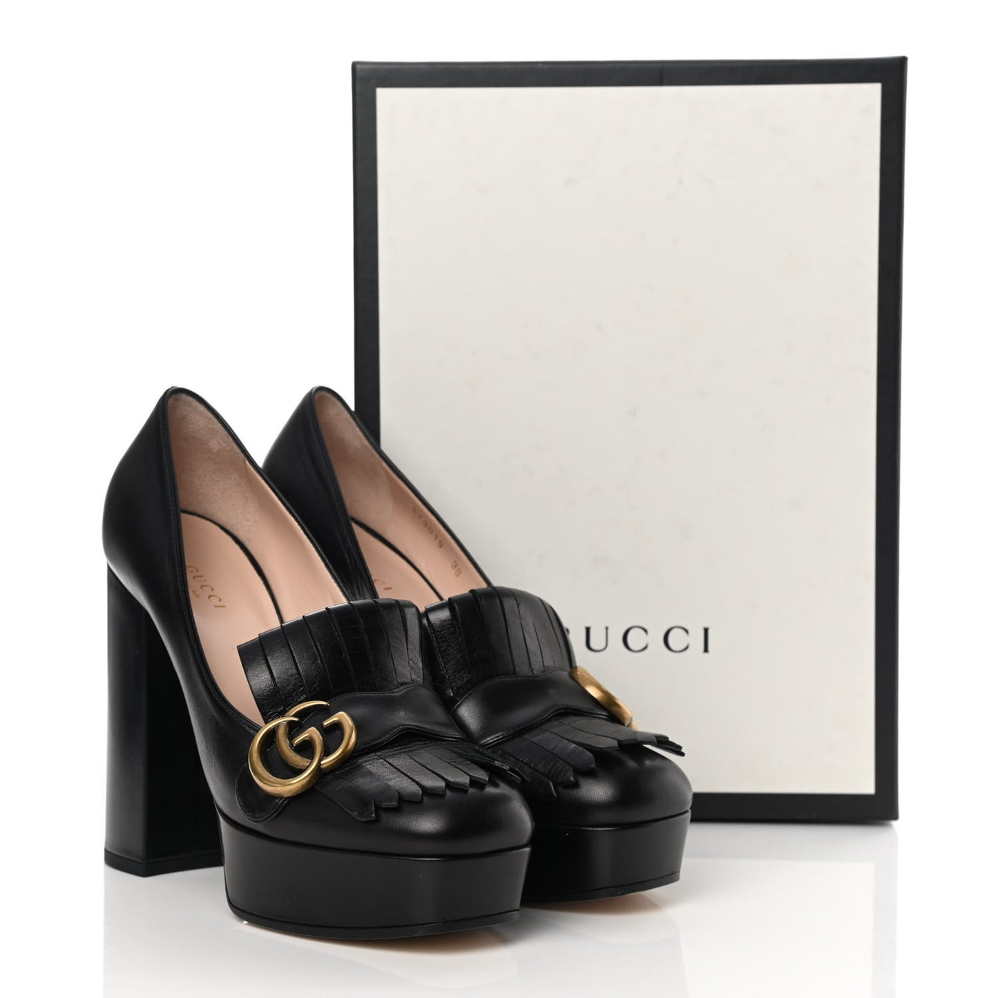 Malaga Kid GG Marmont Fringe Platform High Heel Loafer Pumps 38 Black