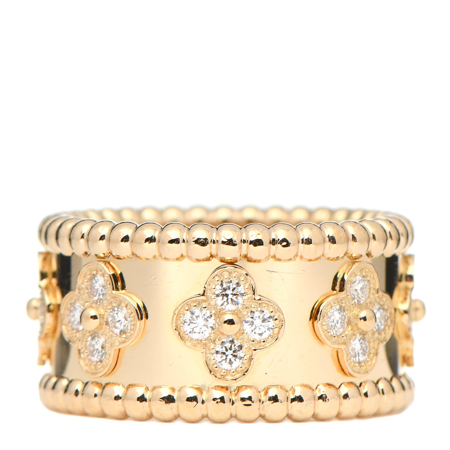 18K Yellow Gold Diamond Perlee Clovers Ring 52 6