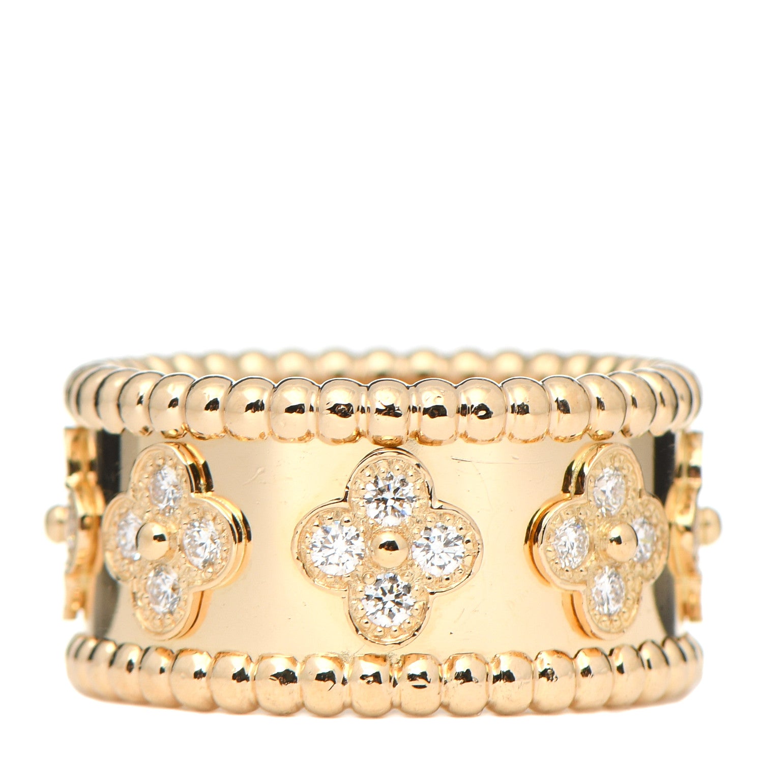 Van Cleef & Arpels 18K Yellow Gold Diamond Perlee Clovers Ring 52 6 1 of 4