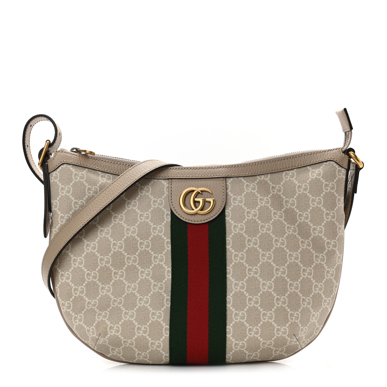 Gucci GG Supreme Monogram Textured Dollar Calfskin Web Small Ophidia Half Moon Hobo Beige Mystic White Oatmeal 1 of 10