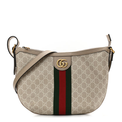Gucci GG Supreme Monogram Textured Dollar Calfskin Web Small Ophidia Half Moon Hobo Beige Mystic White Oatmeal 1 of 10