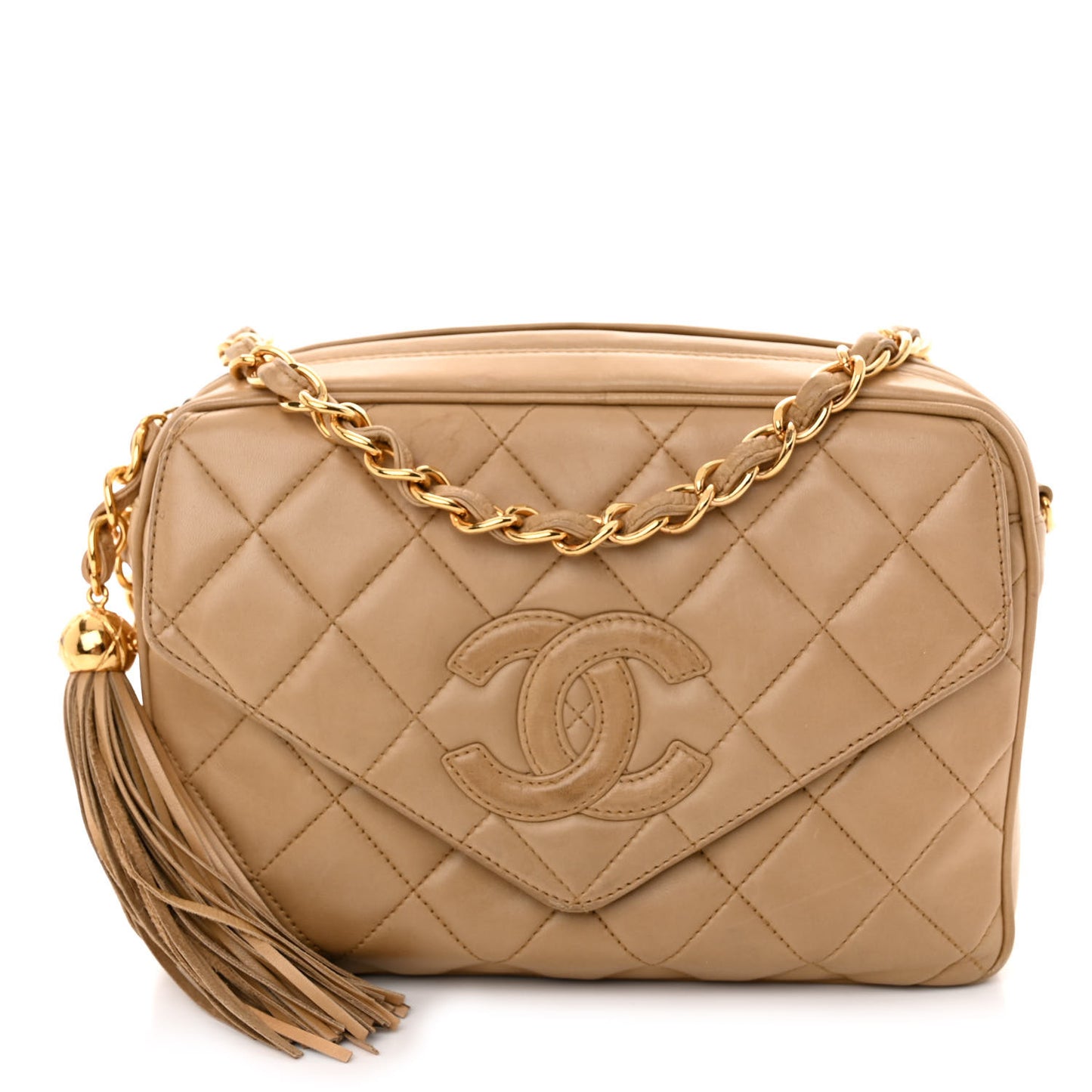 Lambskin Quilted Tassel Flap Camera Case Beige