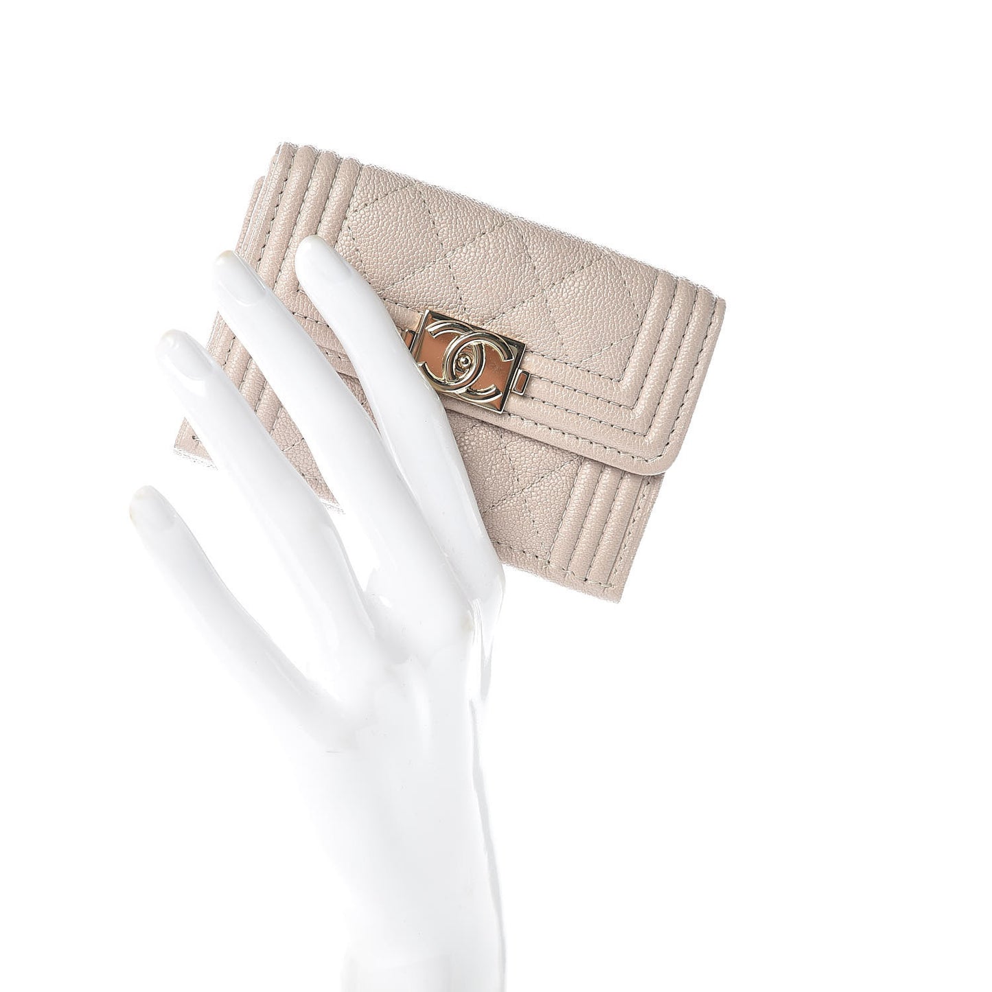 Caviar Quilted Small Boy Flap Wallet Light Beige