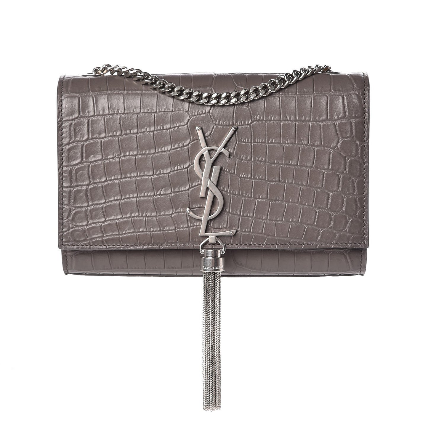 Calfskin Crocodile Embossed Small Classic Monogram Kate Tassel Satchel Fog