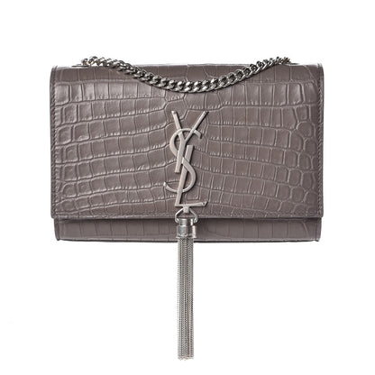 Saint Laurent Calfskin Crocodile Embossed Small Classic Monogram Kate Tassel Satchel Fog 1 of 6