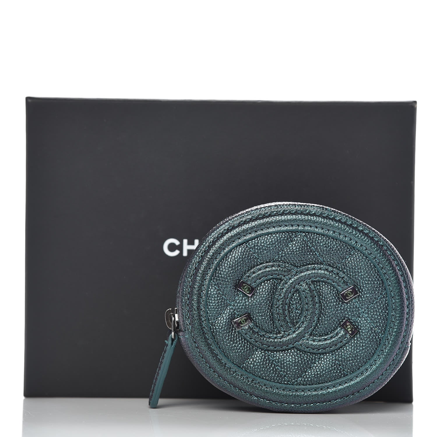 Chanel Iridescent Caviar Quilted Filigree Zip Around Classic Coin Purse Dark Turquoise 8 of 8
