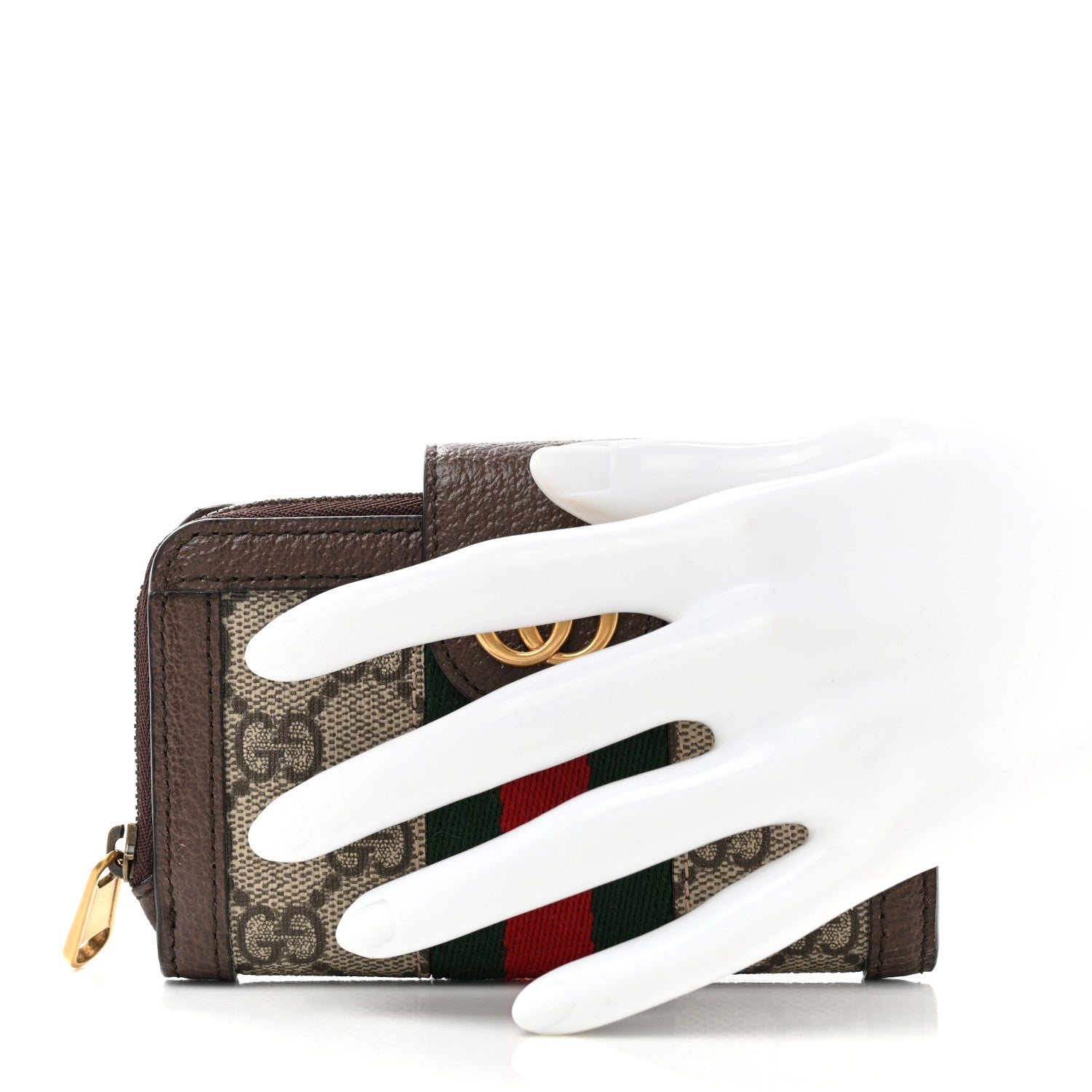 Gucci GG Supreme Monogram Textured Dollar Calfskin Web Ophidia Overlay Zip Around Card Case Wallet Beige Ebony New Acero 2 of 8