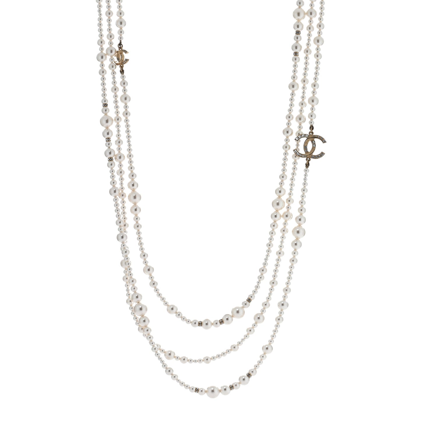 Graduated Pearl Crystal CC Multi Strand Necklace Gold