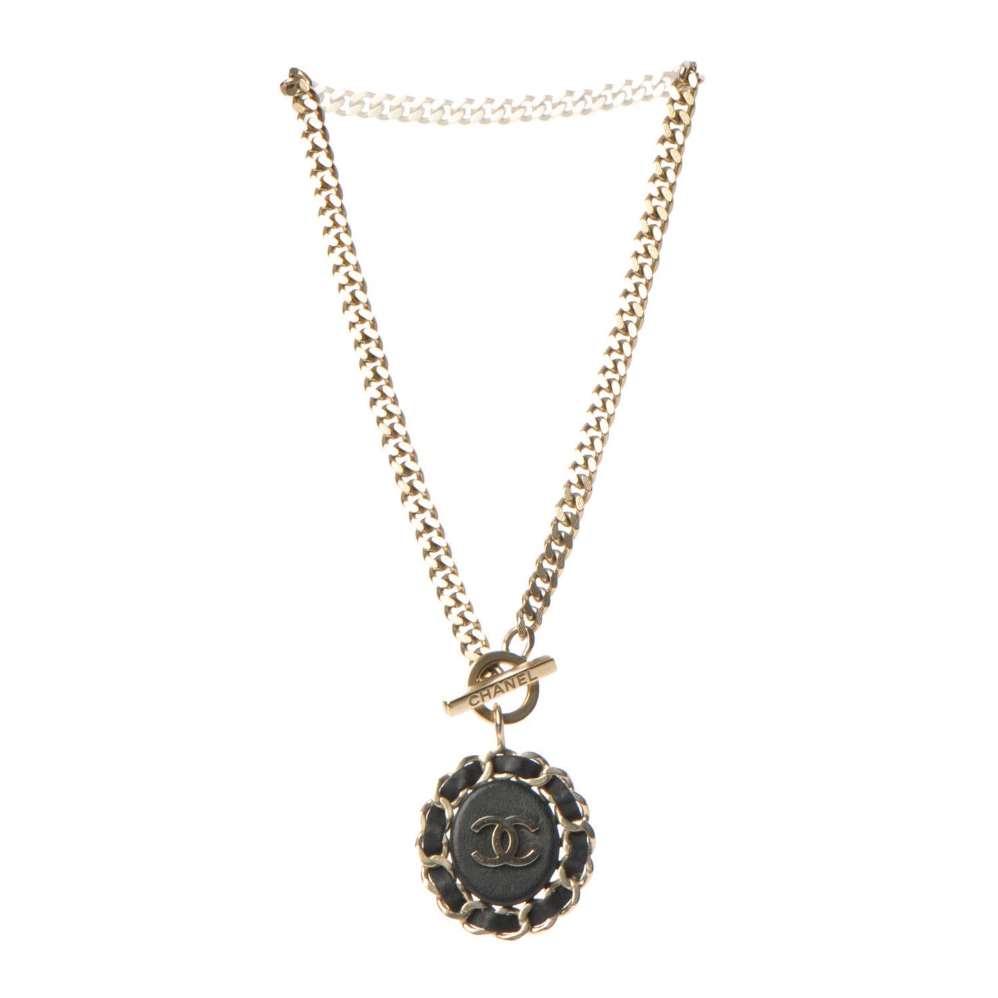 Lambskin CC Long Chain Necklace Black Gold