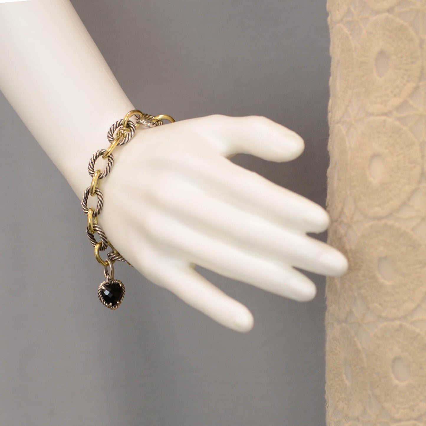 Sterling Silver 18k Medium Oval Link Bracelet Onyx Heart Charm