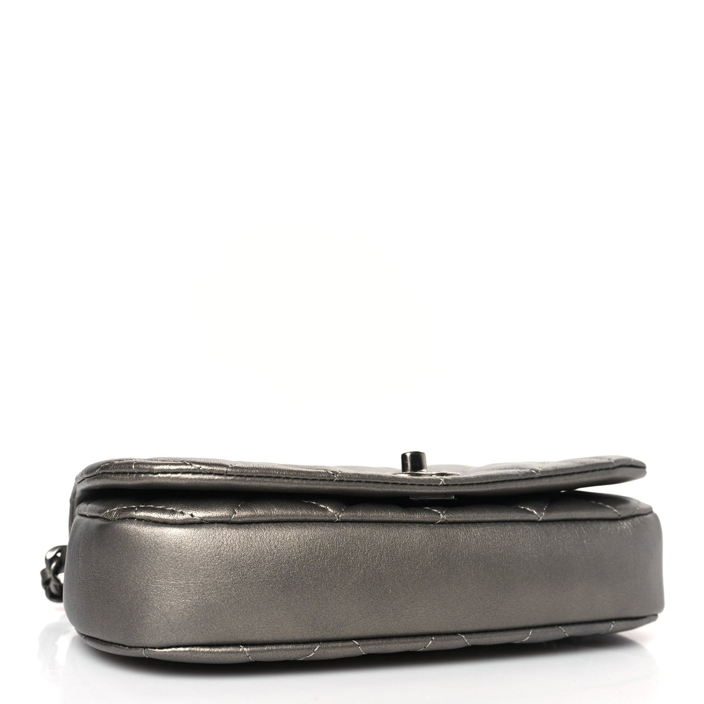 Metallic Calfskin Quilted Flap Clutch With Chain Ruthenium
