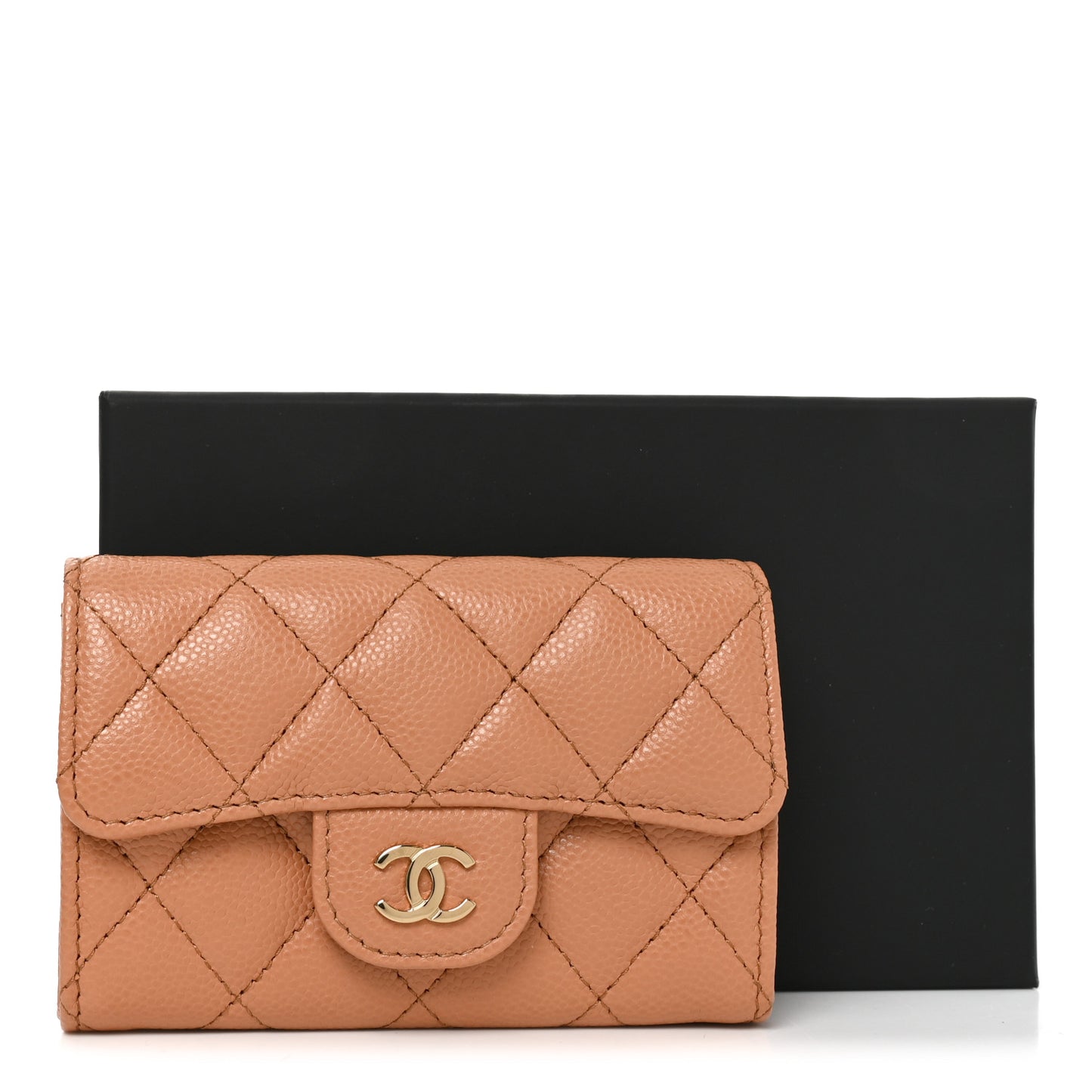 Caviar Quilted Flap Card Holder Wallet Brown