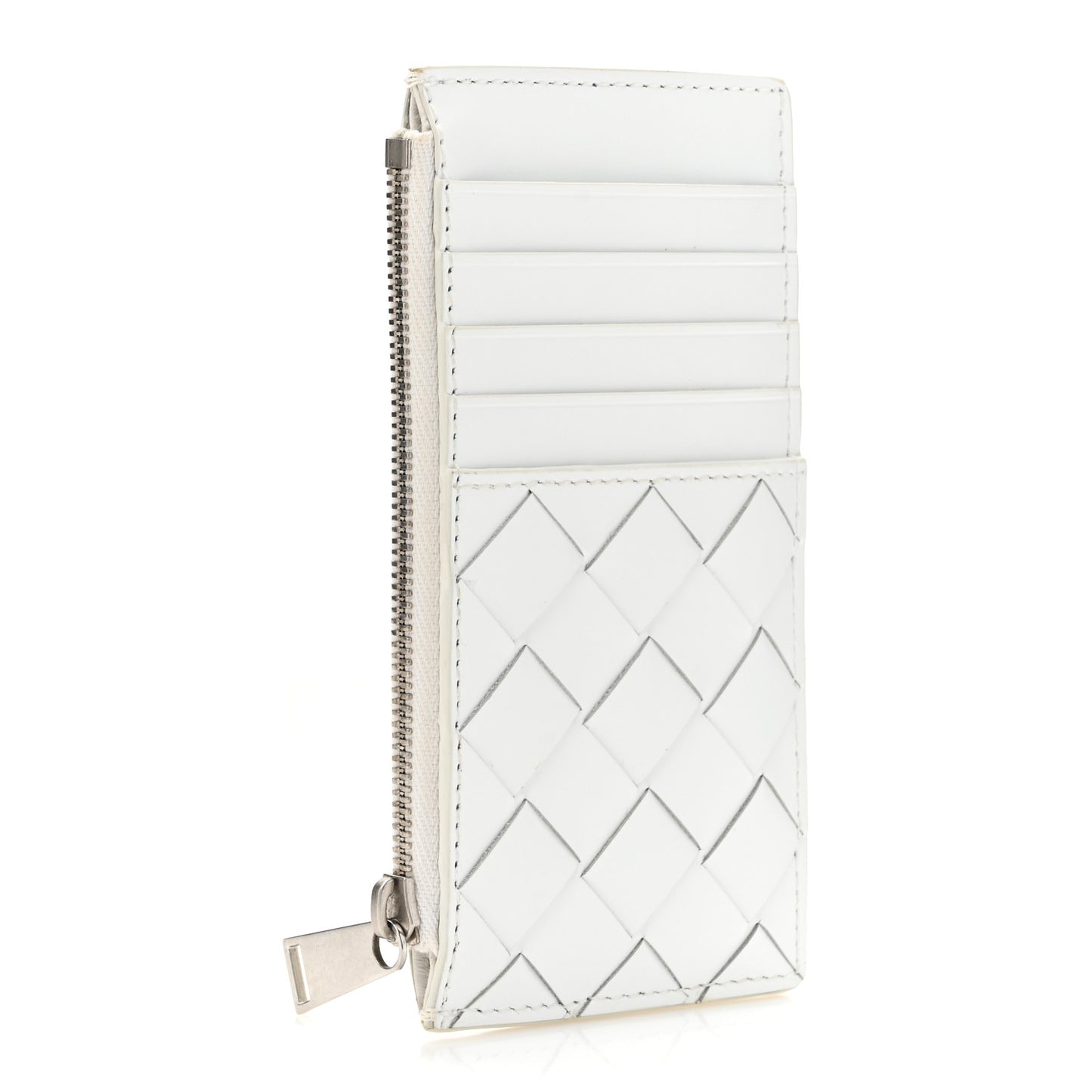 Calfskin Intrecciato Zip Card Holder White